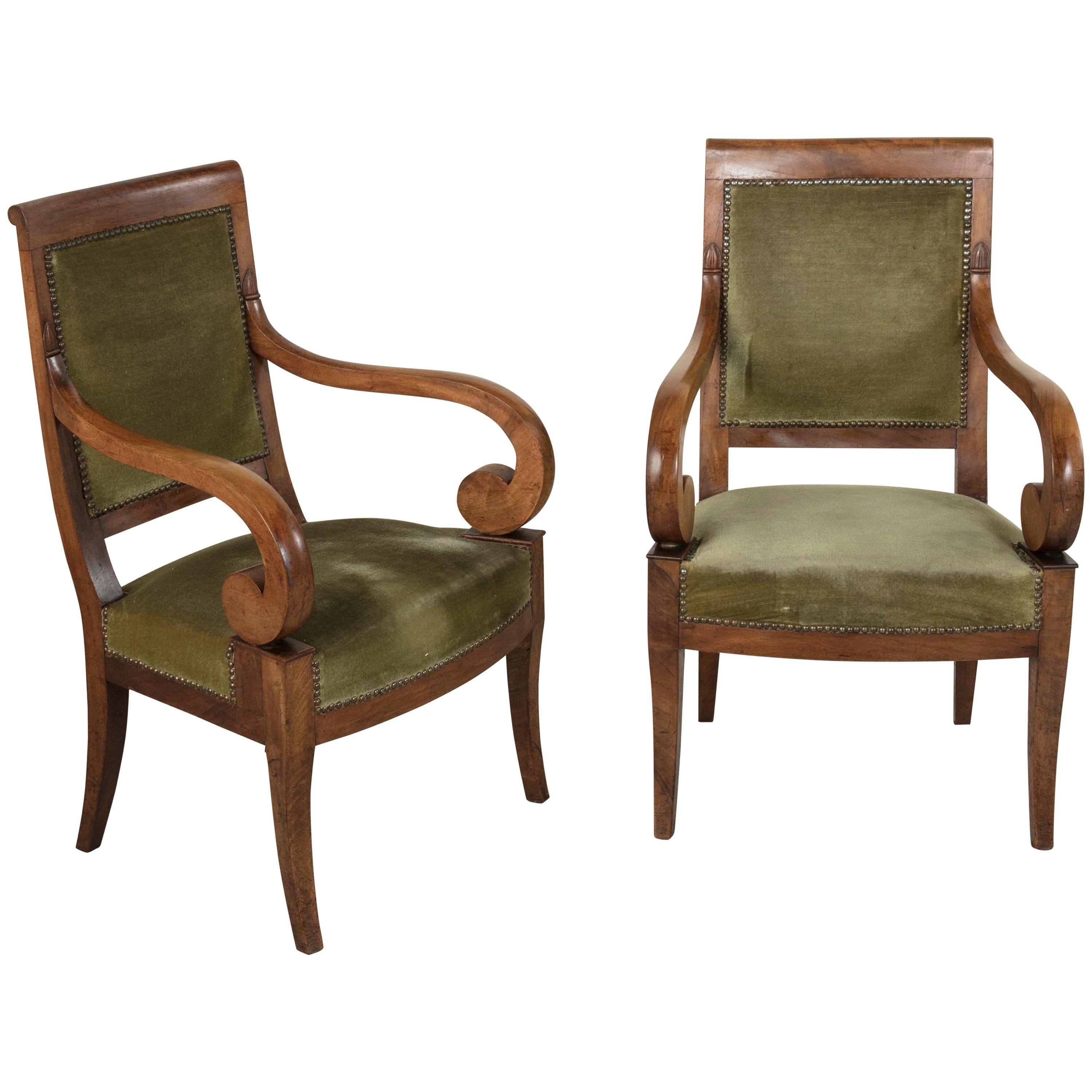 Early 19th Century French Restauration Period Walnut Armchairs, Bergeres, Mohair