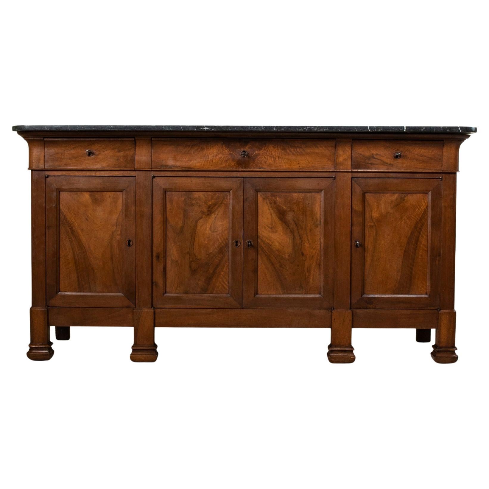 Early 19th Century French Restauration Period Walnut Enfilade Sideboard, Marble