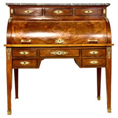 Early 19th Century French Restoration Roll-Top Desk, Walnut & Marble