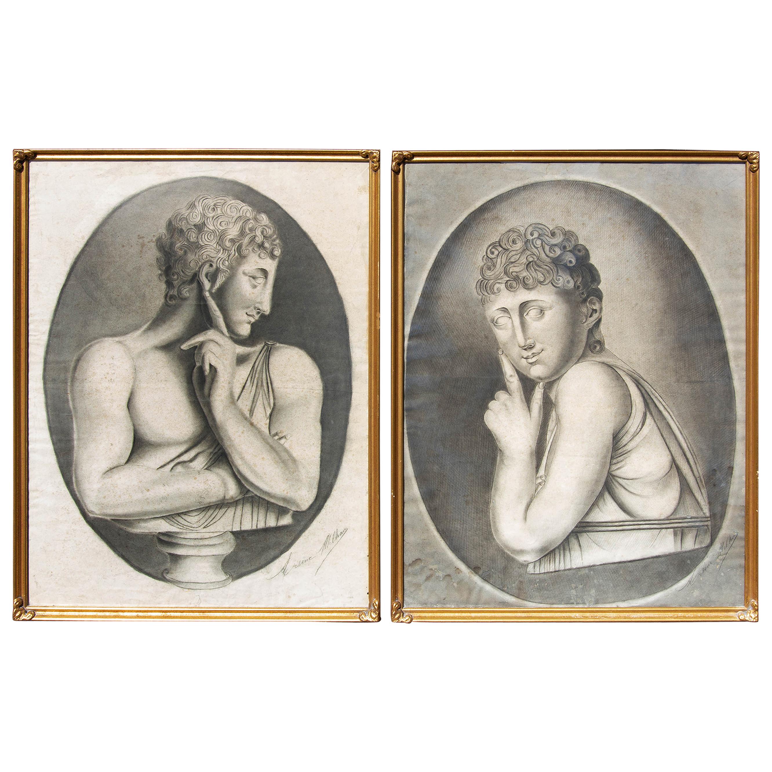 Early 19th Century French Salon Portrait Drawings, a Pair