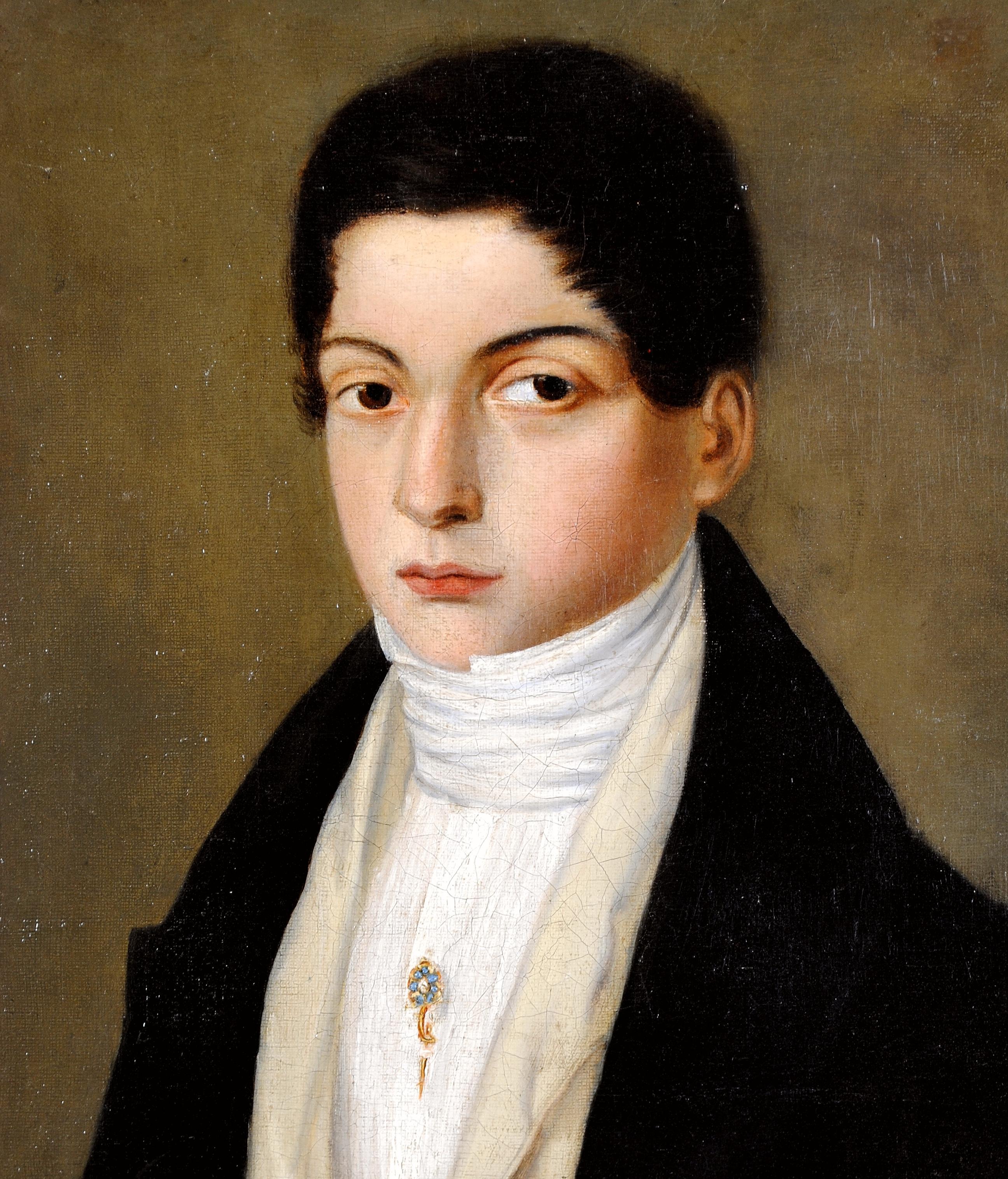 A fine early 19th century French oil on canvas portrait of a young gentleman wearing a black coat, white shirt and small brooch.

Striking and excellent quality portrait which is presented in it's original gilt frame.

Artist: French School, early