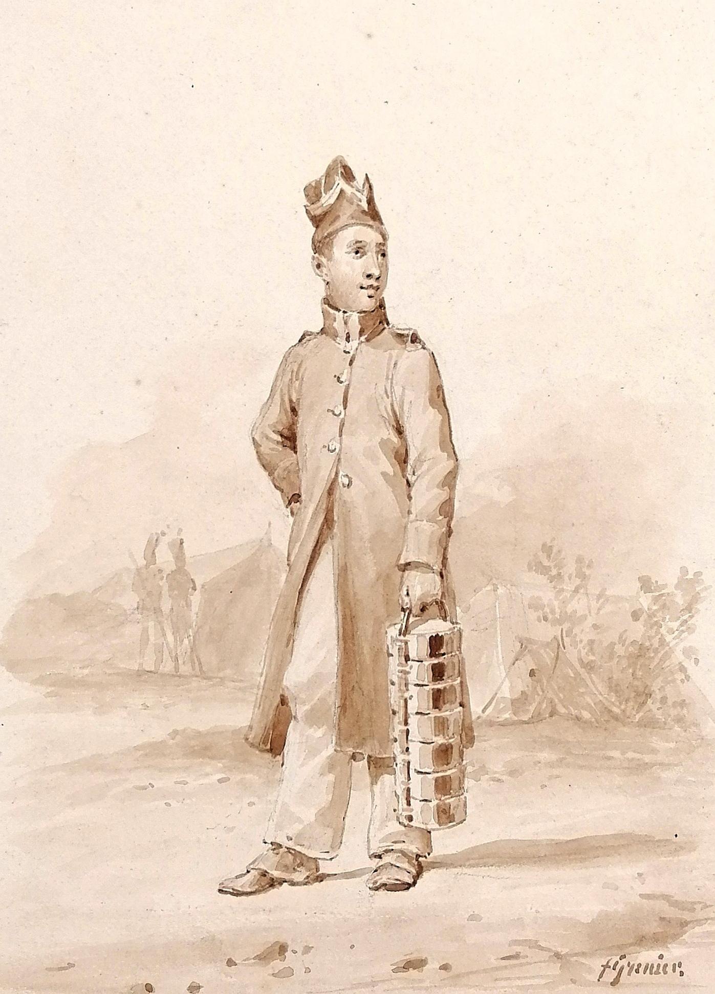 Portrait d'un soldat indien - Peinture aquarelle militaire ancienne du 19e siècle - Painting de Early 19th Century French School