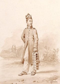 Portrait of Indian Soldier - 19th Century Antique Military Watercolor Painting