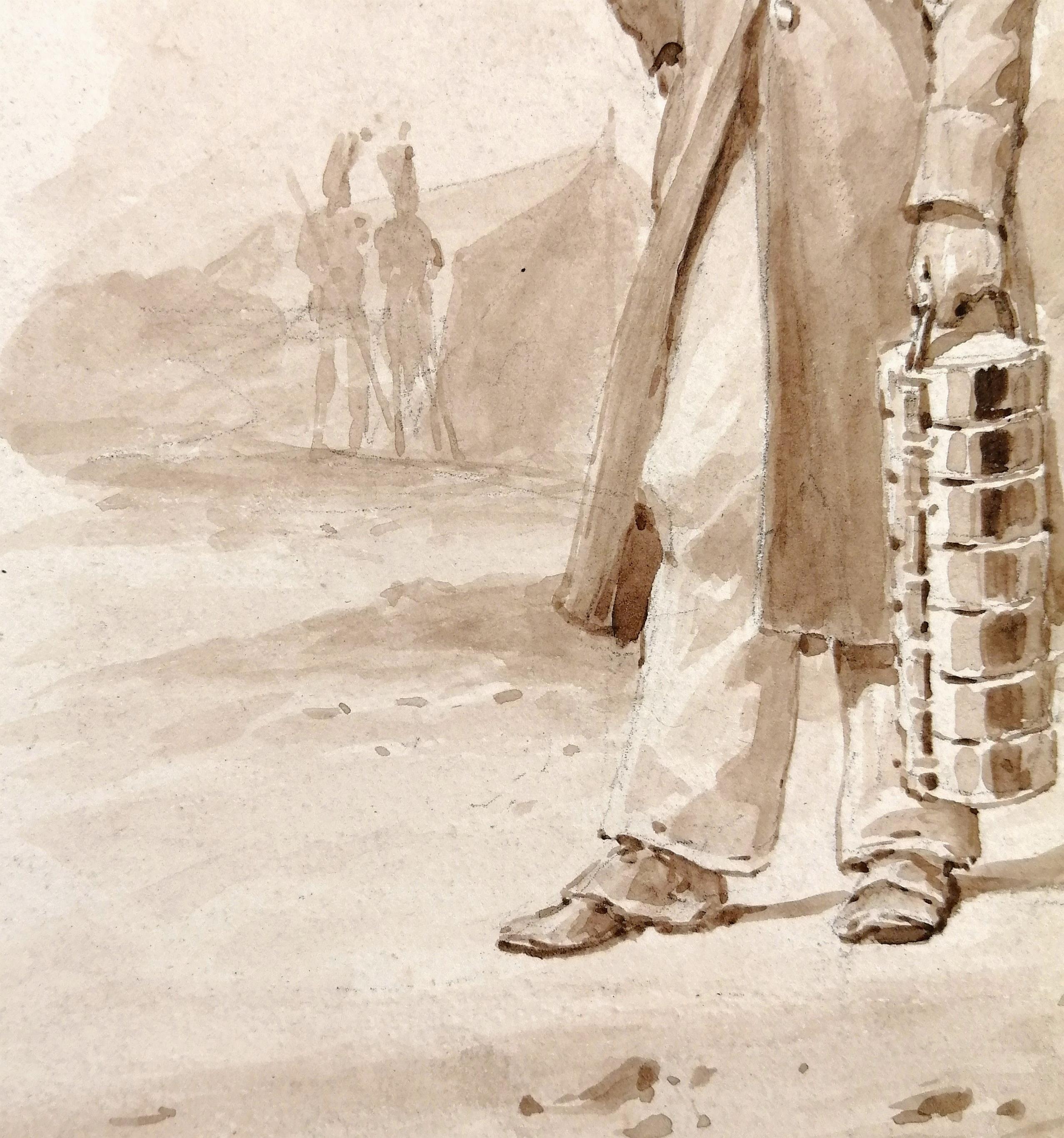 Portrait d'un soldat indien - Peinture aquarelle militaire ancienne du 19e siècle - Gris Portrait Painting par Early 19th Century French School