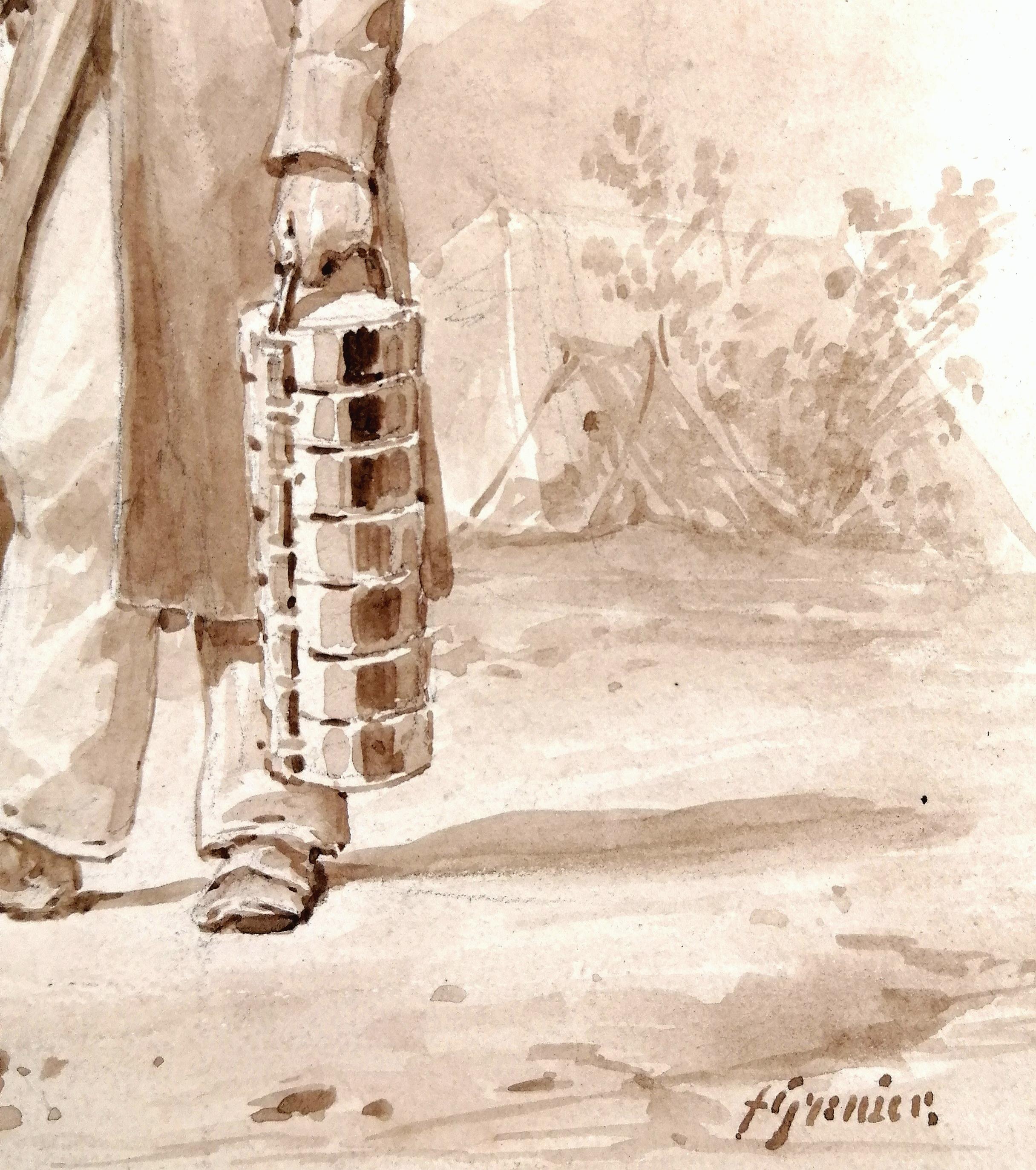 Très intéressante aquarelle française du début du 19e siècle, finement peinte, représentant un soldat indien dans un paysage avec un encartage au-delà. Signé indistinctement en bas à droite.

Artistics : École française, début du 19e siècle
Titre :