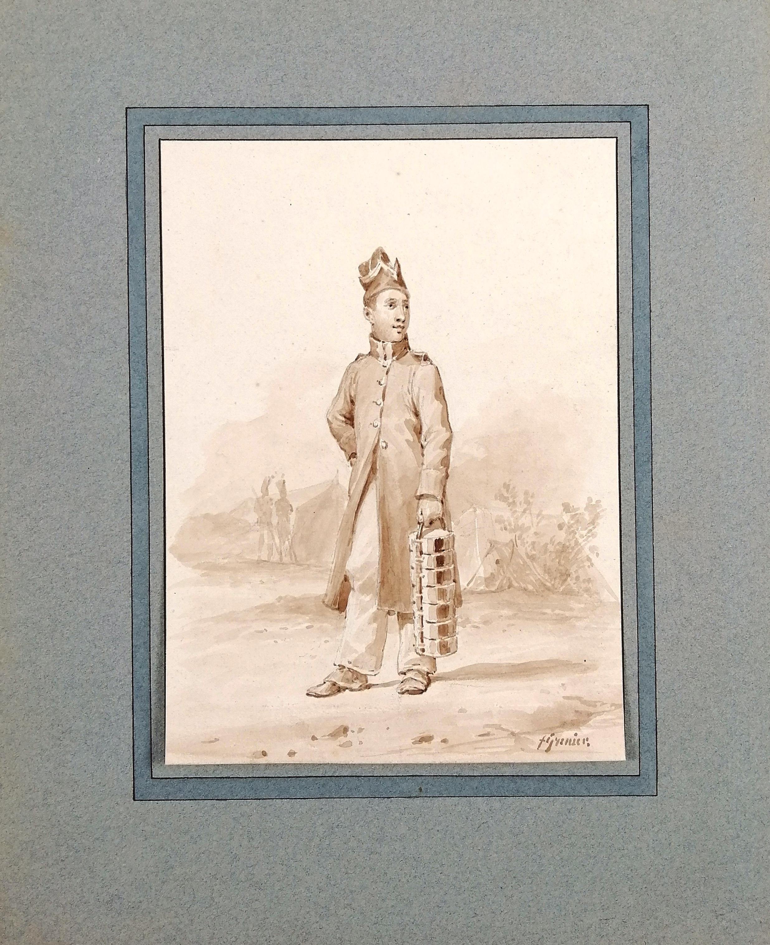 Portrait d'un soldat indien - Peinture aquarelle militaire ancienne du 19e siècle