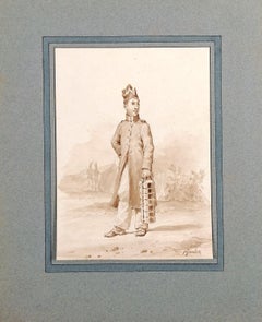 Portrait of Indian Soldier - 19th Century Antique Military Watercolor Painting