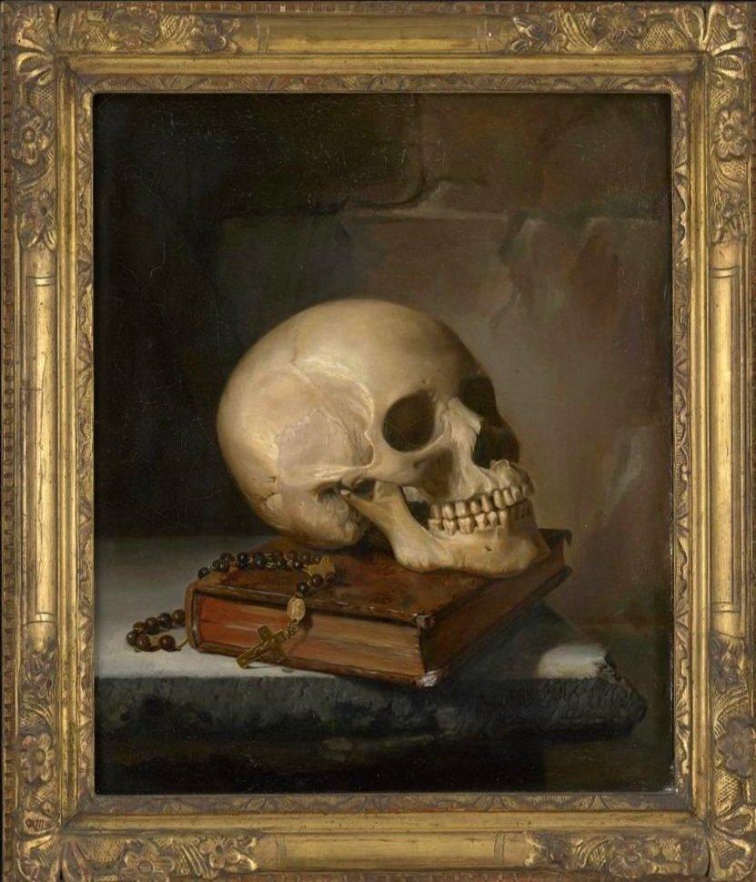 Pittura ad olio su tela con natura morta Vanitas di scuola francese del primo Ottocento in vendita 2