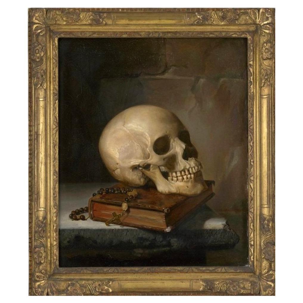 Pittura ad olio su tela con natura morta Vanitas di scuola francese del primo Ottocento