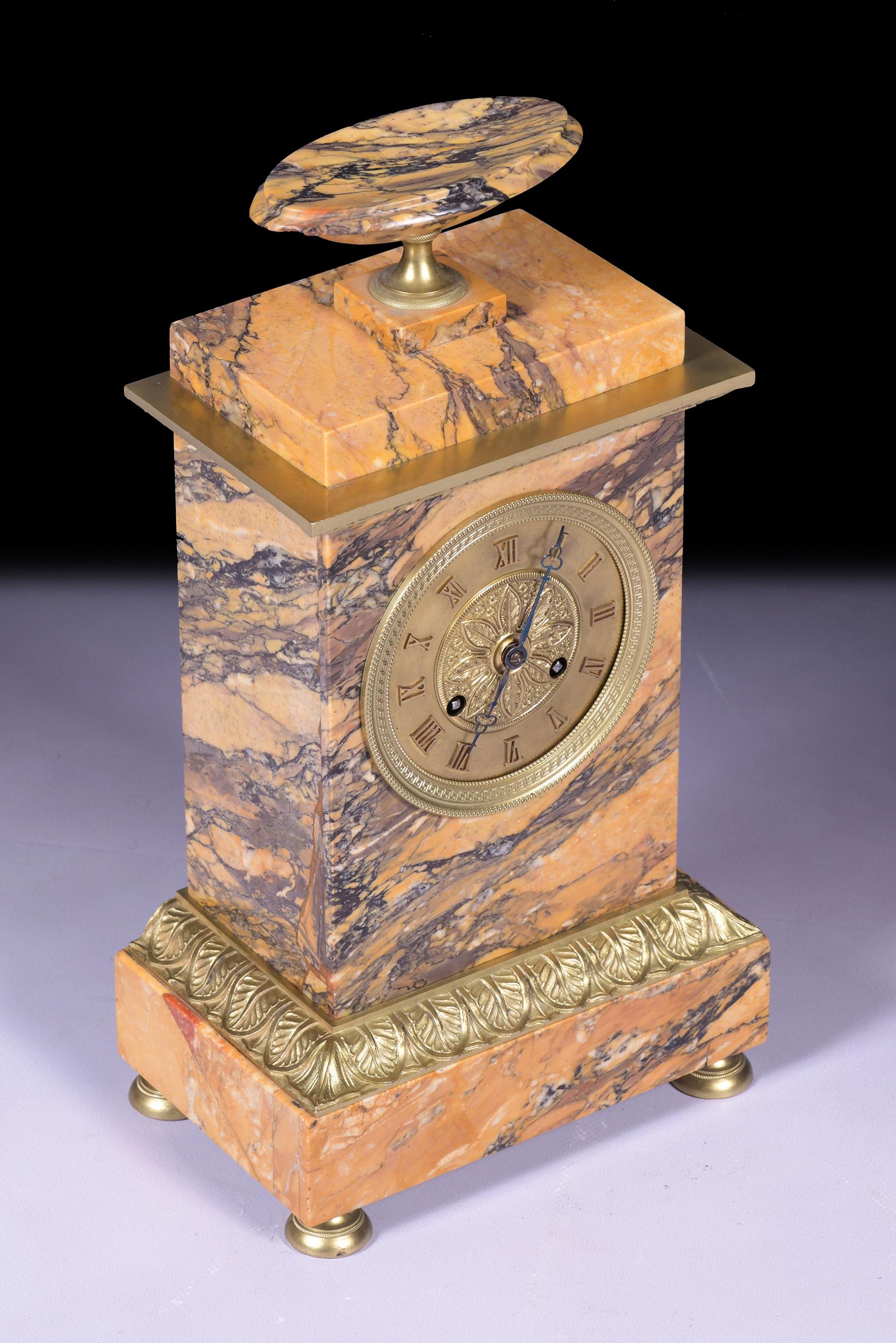Ormolu Early 19th Century French Sienna Marble Mantle Clock For Sale