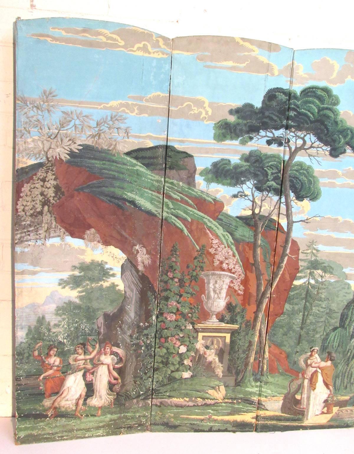 Early 19th century French scenic wallpaper panels, mythological scene (Title Unknown) by Joseph Dufour (1757-1827). Hand blocked wallpaper print, mounted on a four section folding canvas screen.