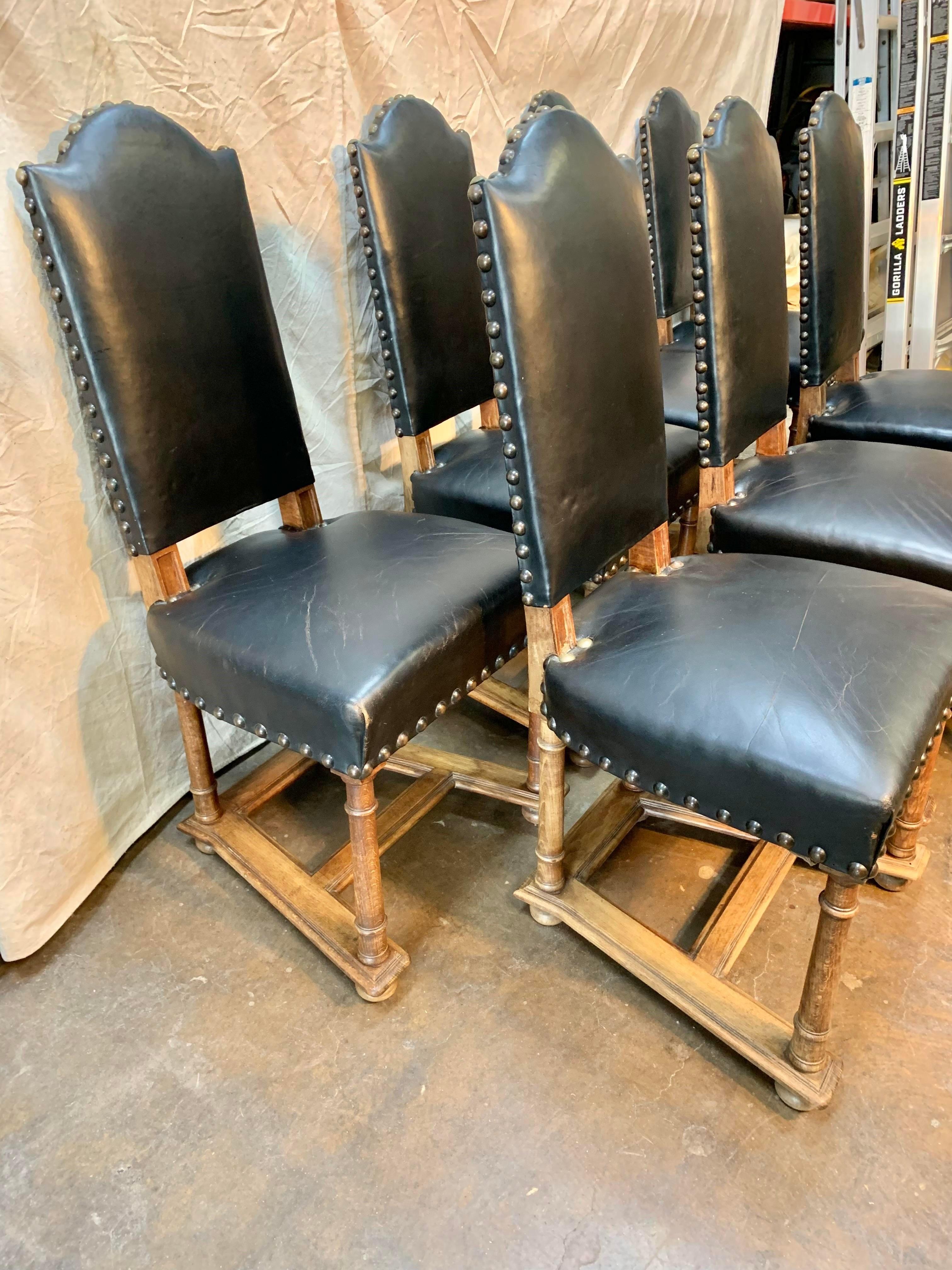 Early 19th Century French Walnut and Leather Dining Chairs, Set of 8 In Good Condition In Burton, TX