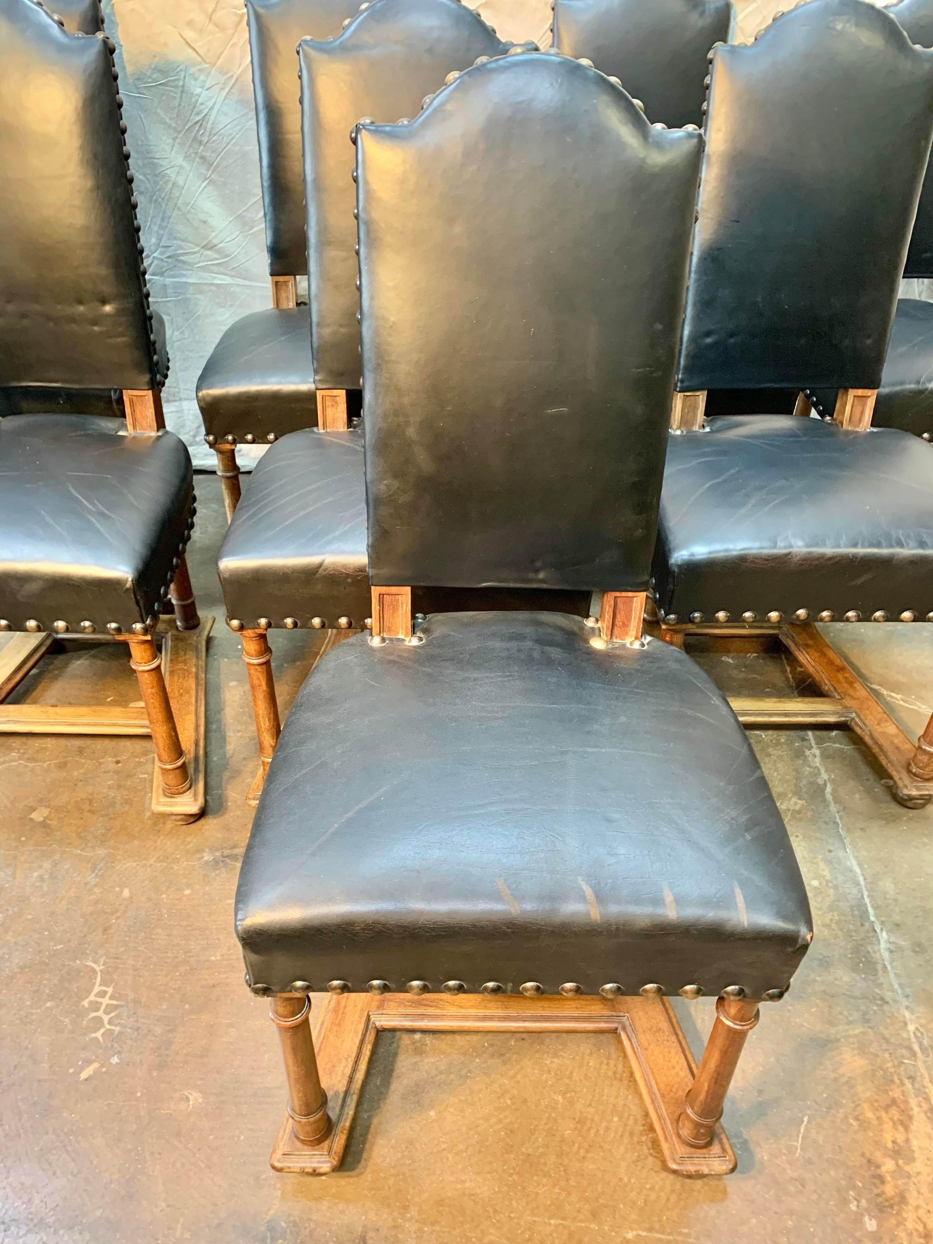 Early 19th Century French Walnut and Leather Dining Chairs, Set of 8 1