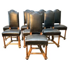 Early 19th Century French Walnut and Leather Dining Chairs, Set of 8
