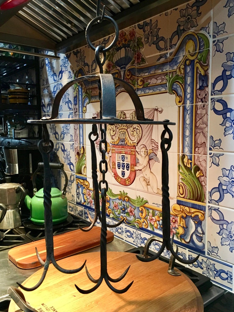 Early 19th C. Rustic French Wrought Iron Hanging Crown Butchers Rack ...