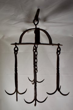 Early 19th C. Rustic French Wrought Iron Hanging Crown Butchers Rack, Pot Rack