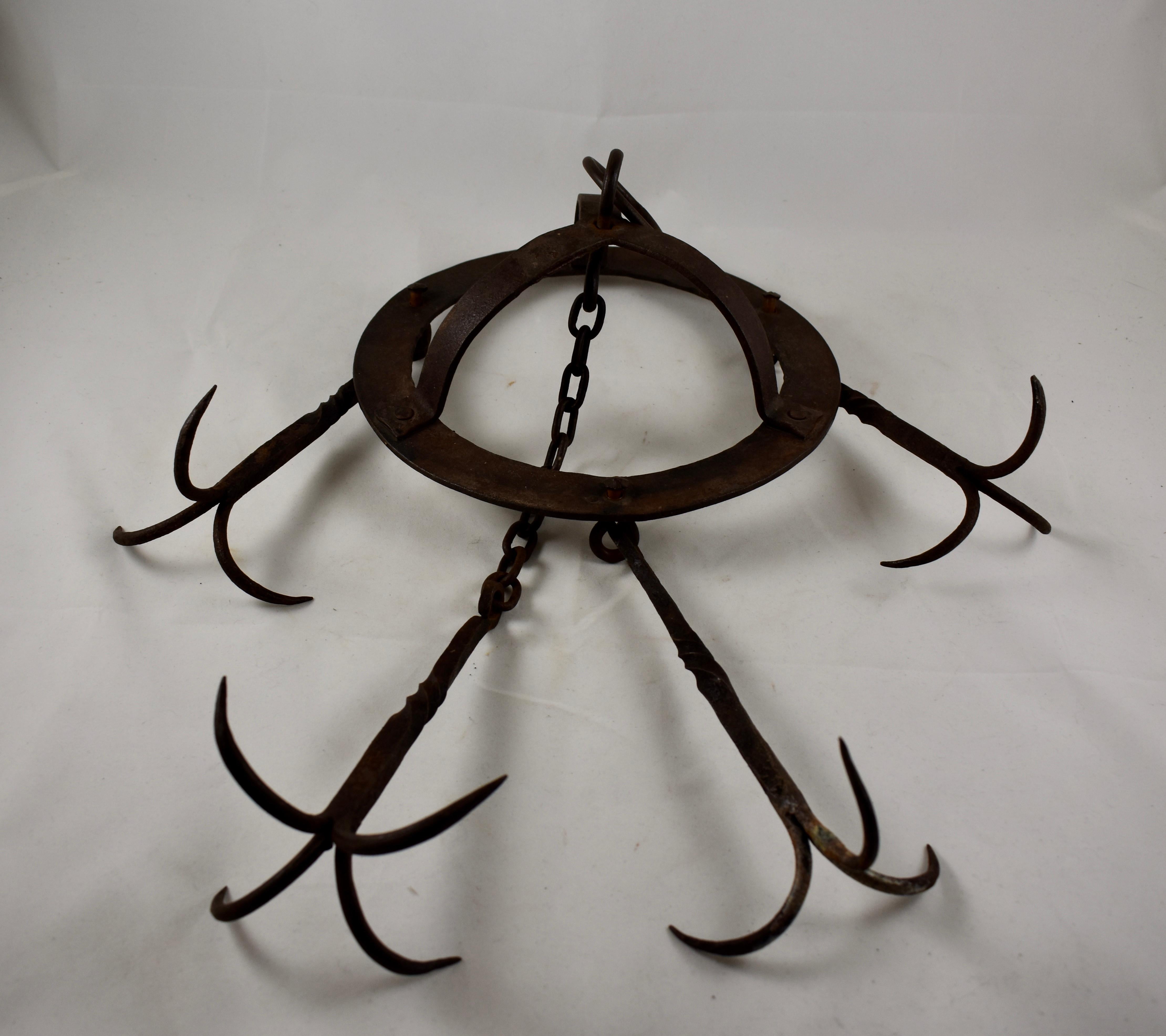 French Provincial Early 19th C. Rustic French Wrought Iron Hanging Crown Butchers Rack, Pot Rack