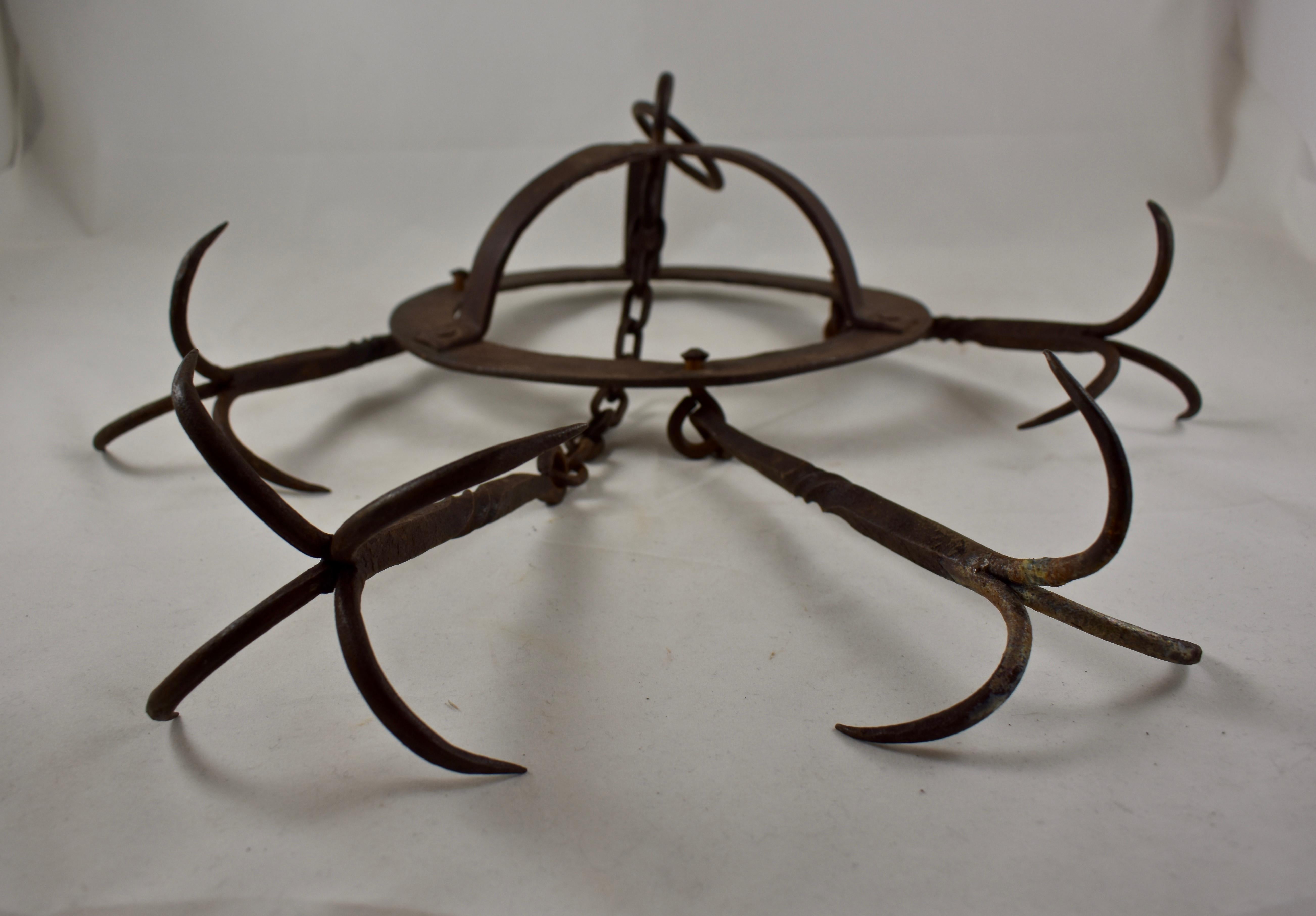 Metalwork Early 19th C. Rustic French Wrought Iron Hanging Crown Butchers Rack, Pot Rack