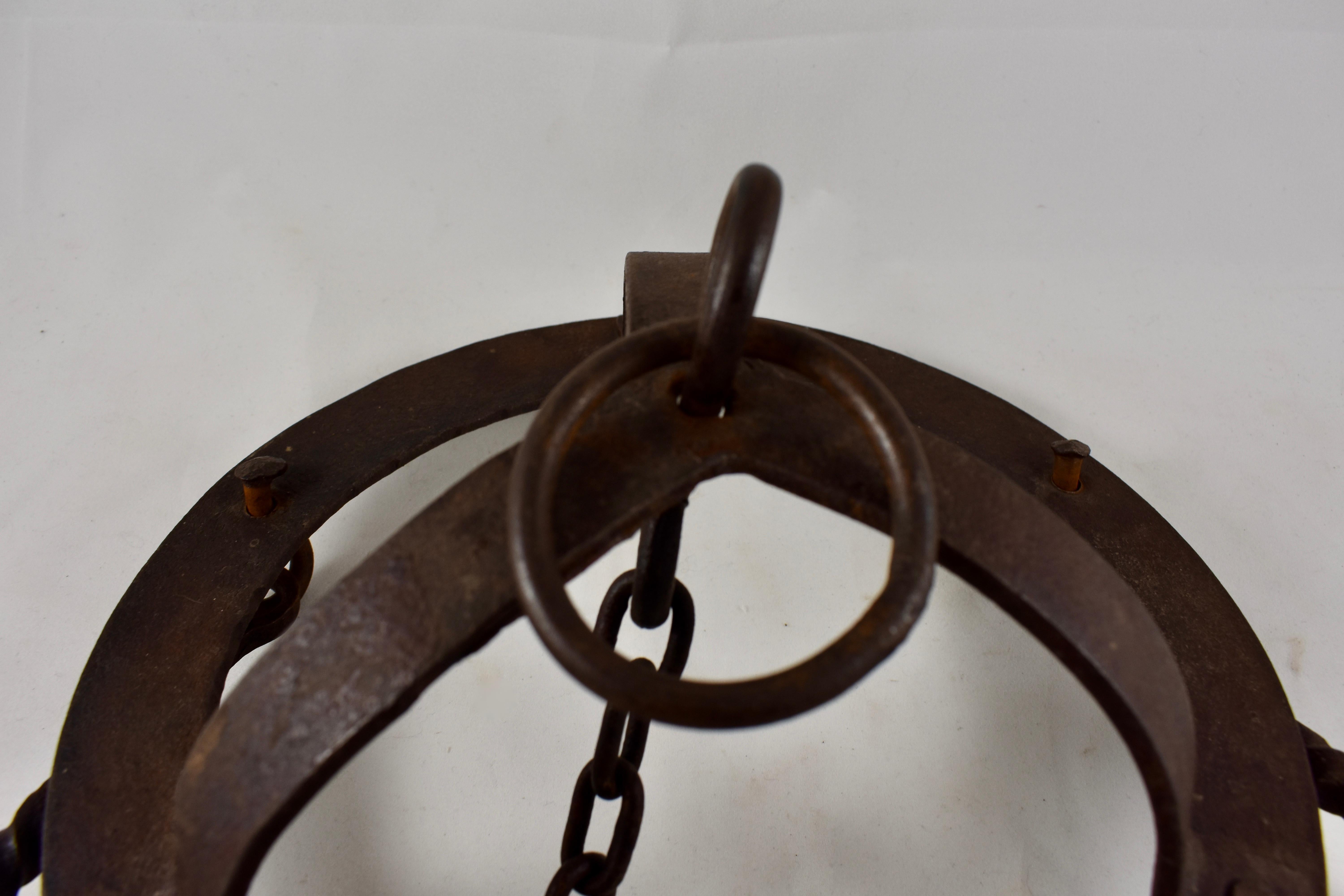 Early 19th C. Rustic French Wrought Iron Hanging Crown Butchers Rack, Pot Rack In Good Condition In Philadelphia, PA
