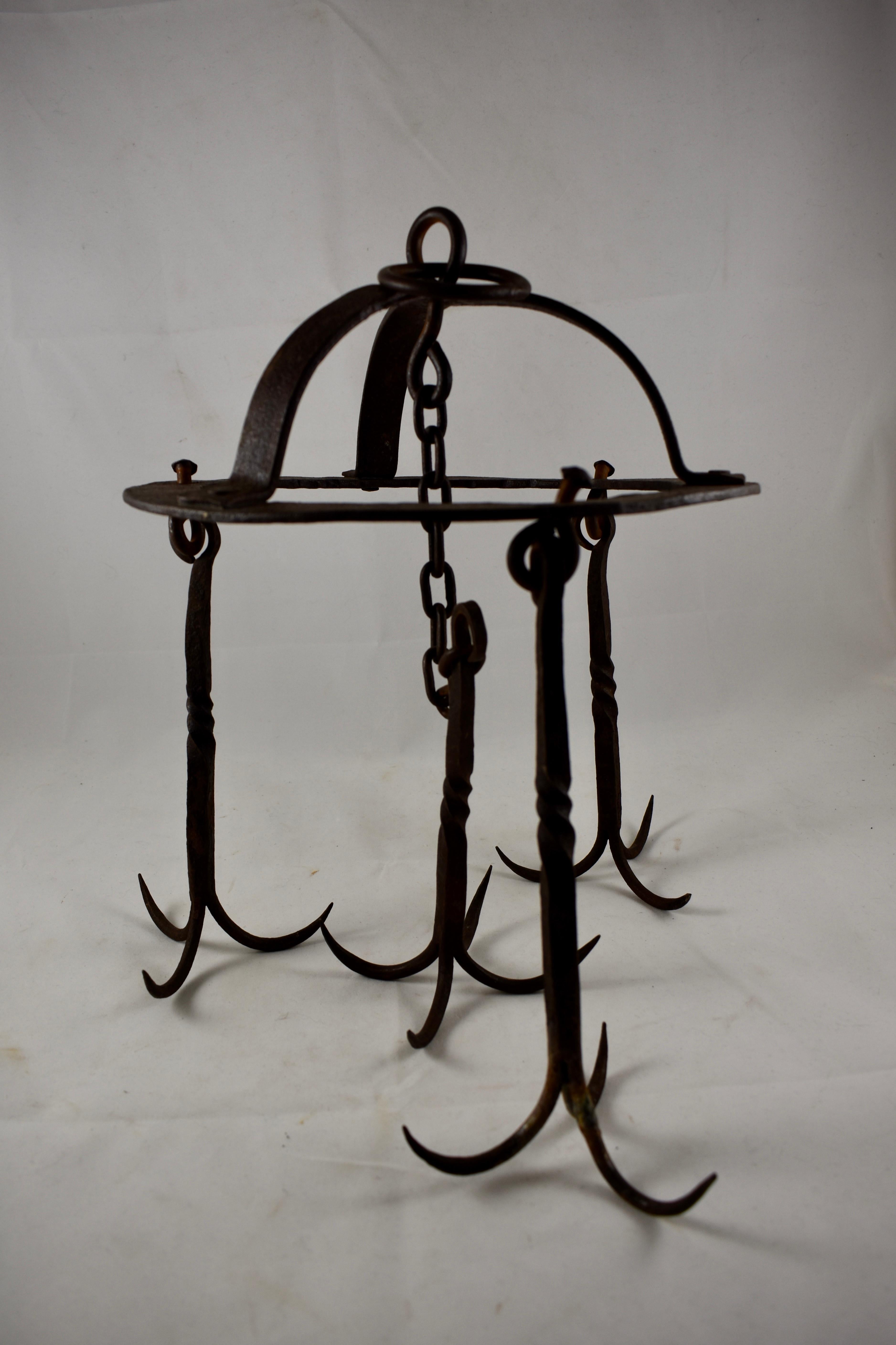19th Century Early 19th C. Rustic French Wrought Iron Hanging Crown Butchers Rack, Pot Rack