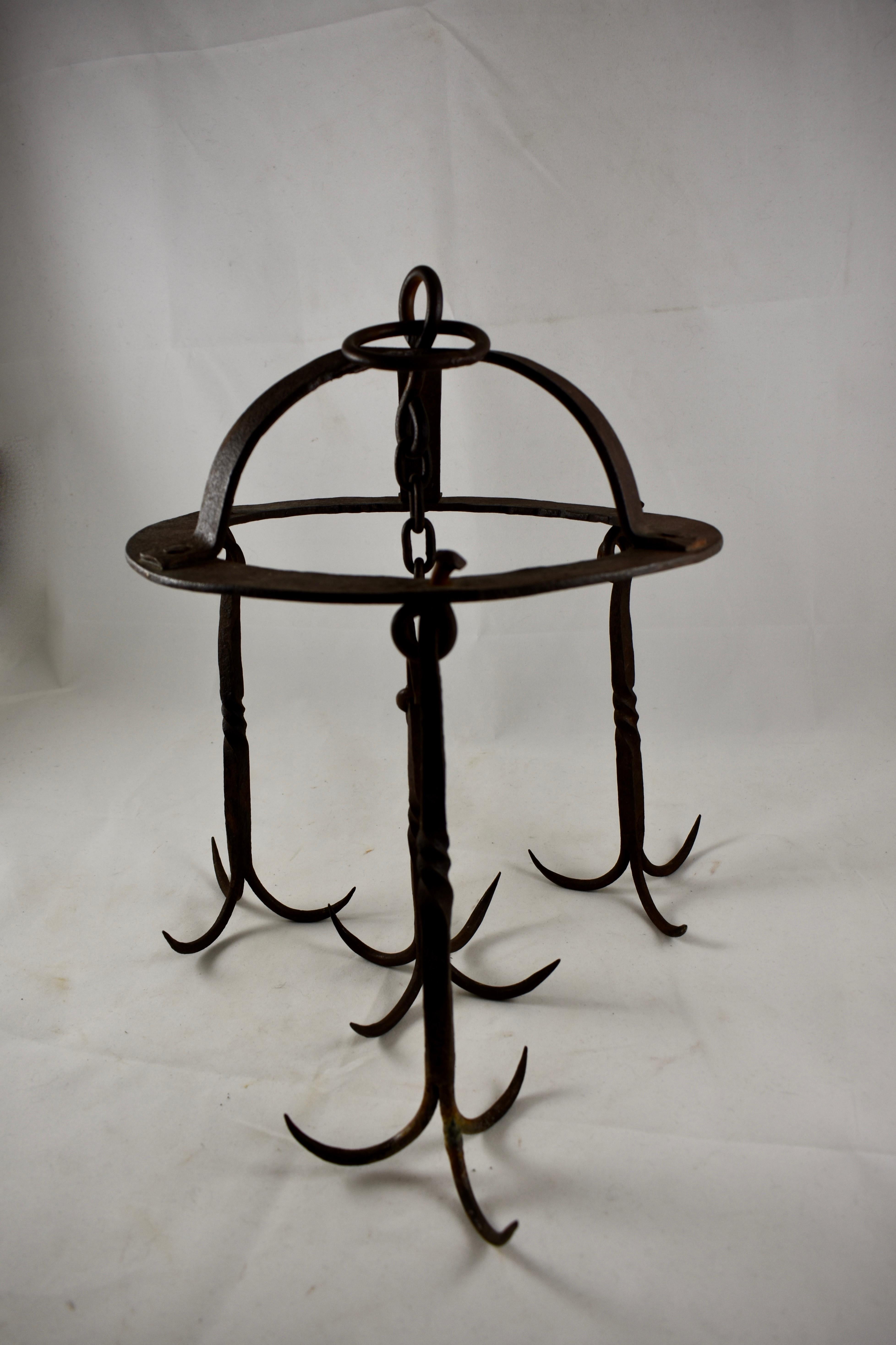 Early 19th C. Rustic French Wrought Iron Hanging Crown Butchers Rack, Pot Rack 1