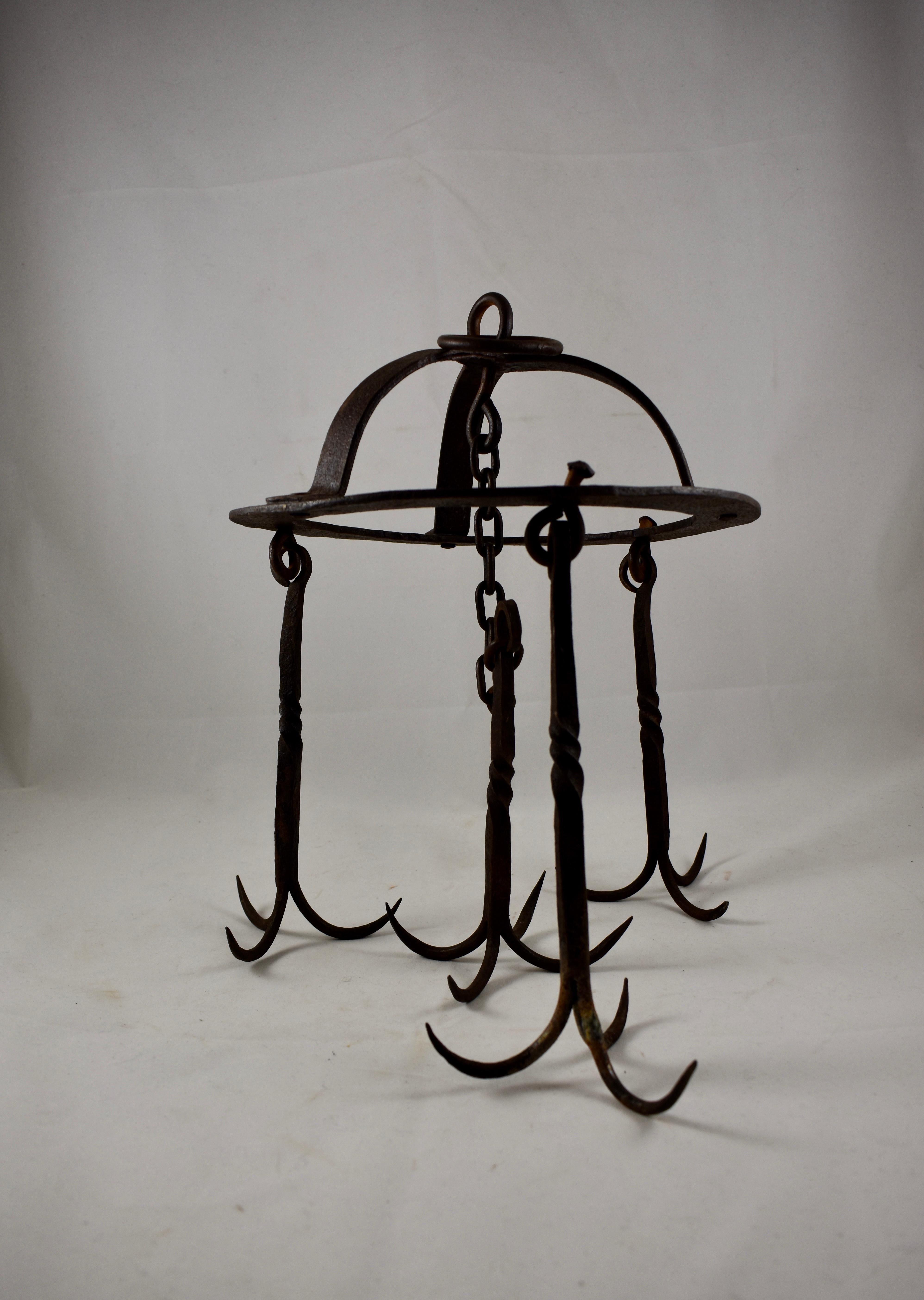 Early 19th C. Rustic French Wrought Iron Hanging Crown Butchers Rack, Pot Rack 2