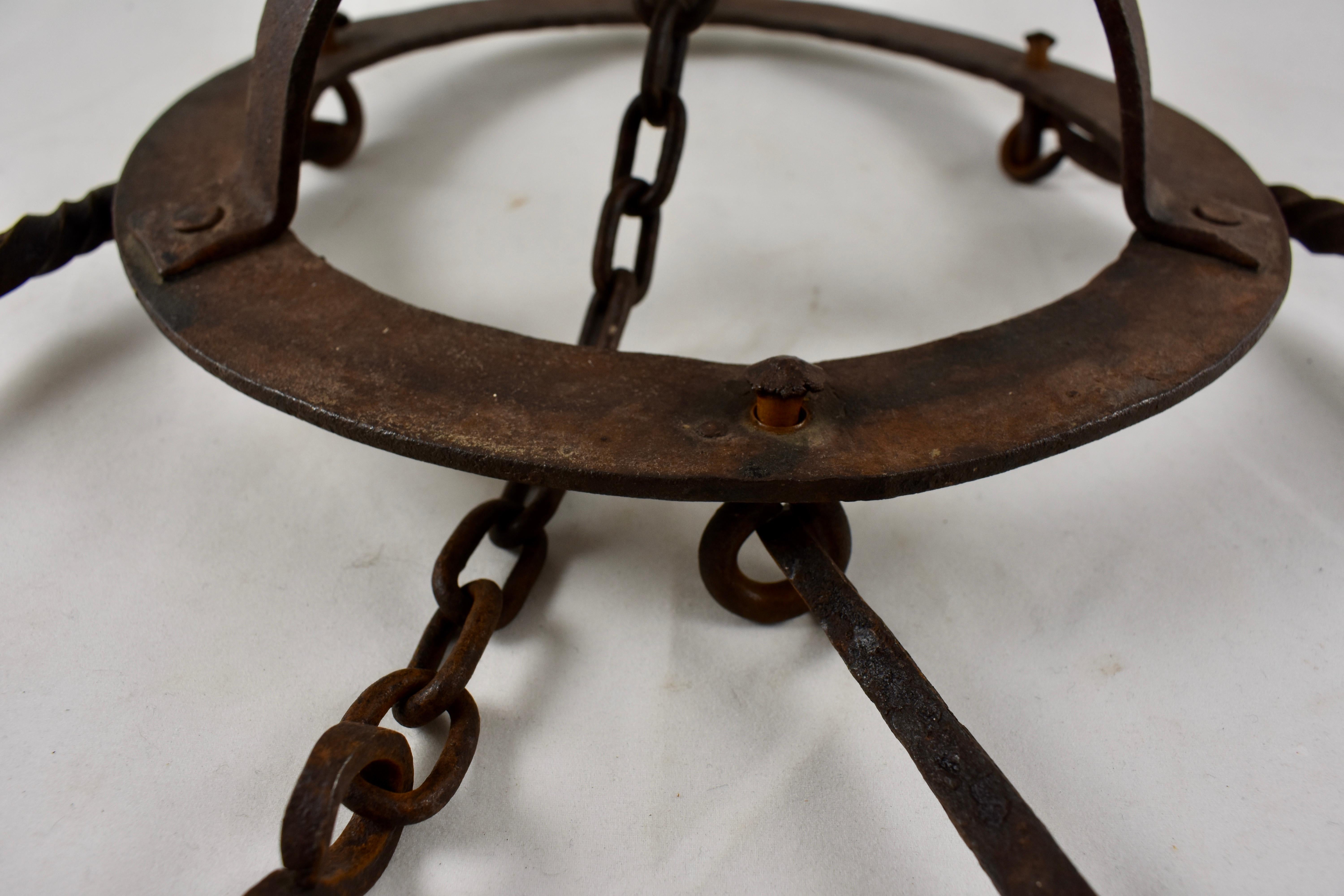 Early 19th C. Rustic French Wrought Iron Hanging Crown Butchers Rack, Pot Rack 3