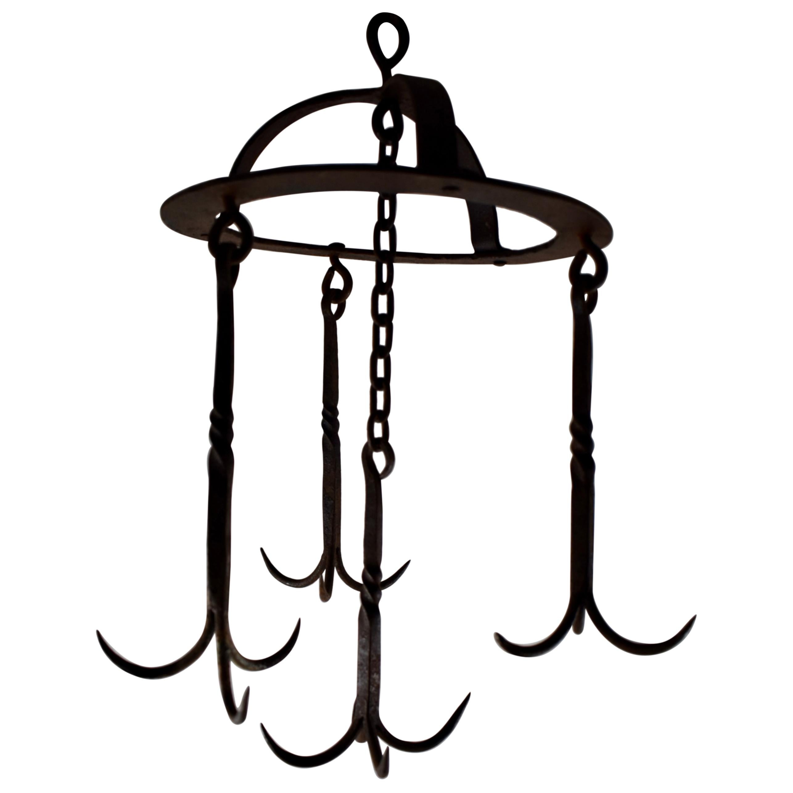 Early 19th C. Rustic French Wrought Iron Hanging Crown Butchers Rack, Pot Rack