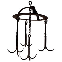 Antique Early 19th C. Rustic French Wrought Iron Hanging Crown Butchers Rack, Pot Rack