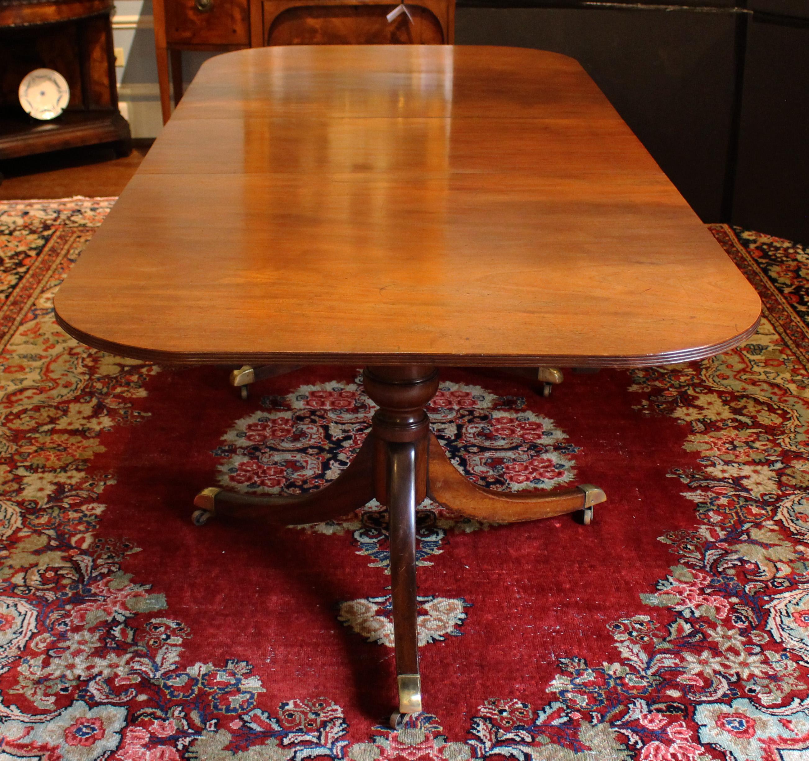 Early 19th century George III double pedestal dining table, English. Solid mahogany. A handsome example with urn form pedestals sweeping to tripod bases with simple brass caps & casters. Alterations over the generations reduced the size (thus the