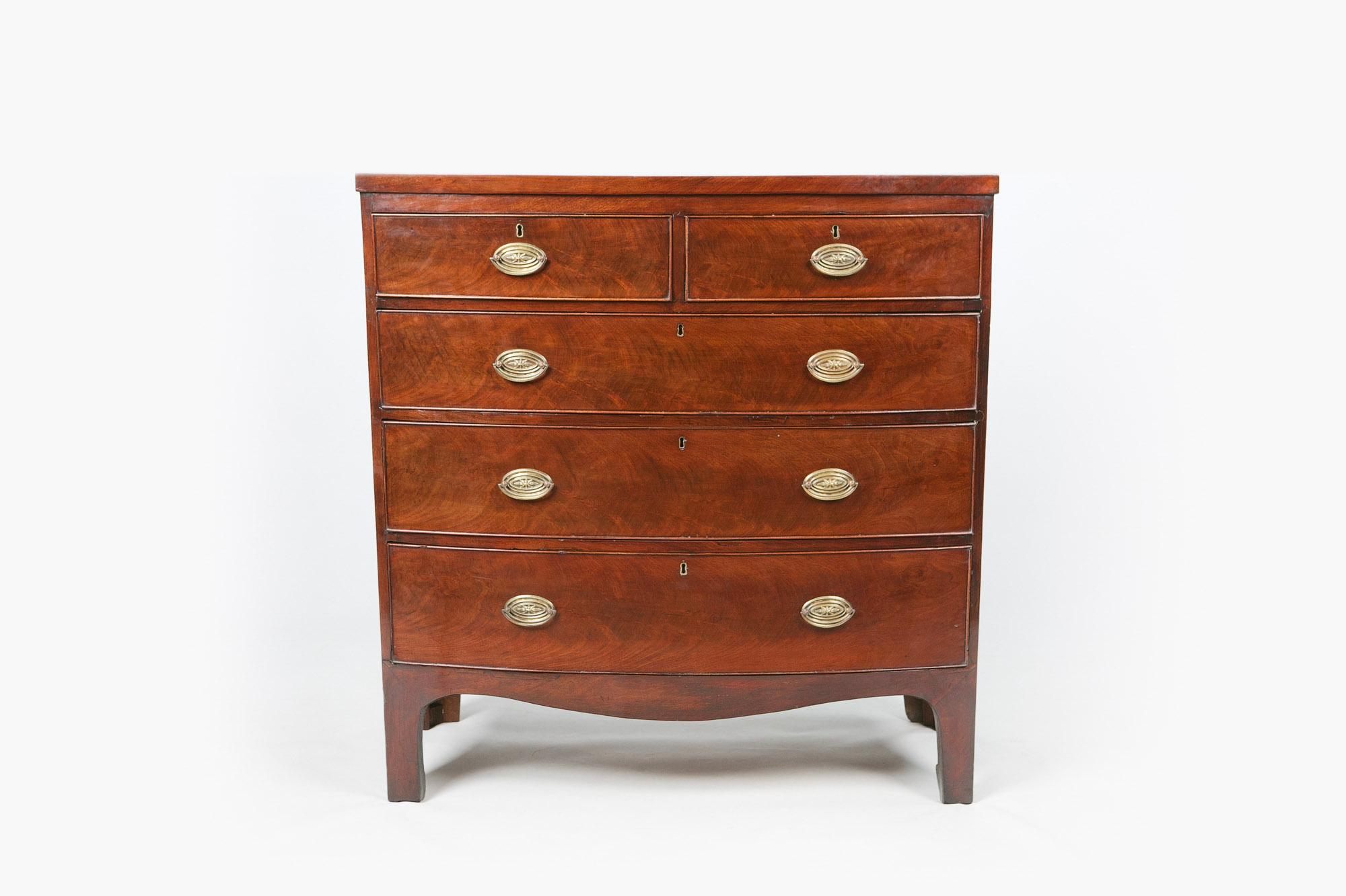 Irish Early 19th Century George III Flame Mahogany Bowfront Chest of Drawers 