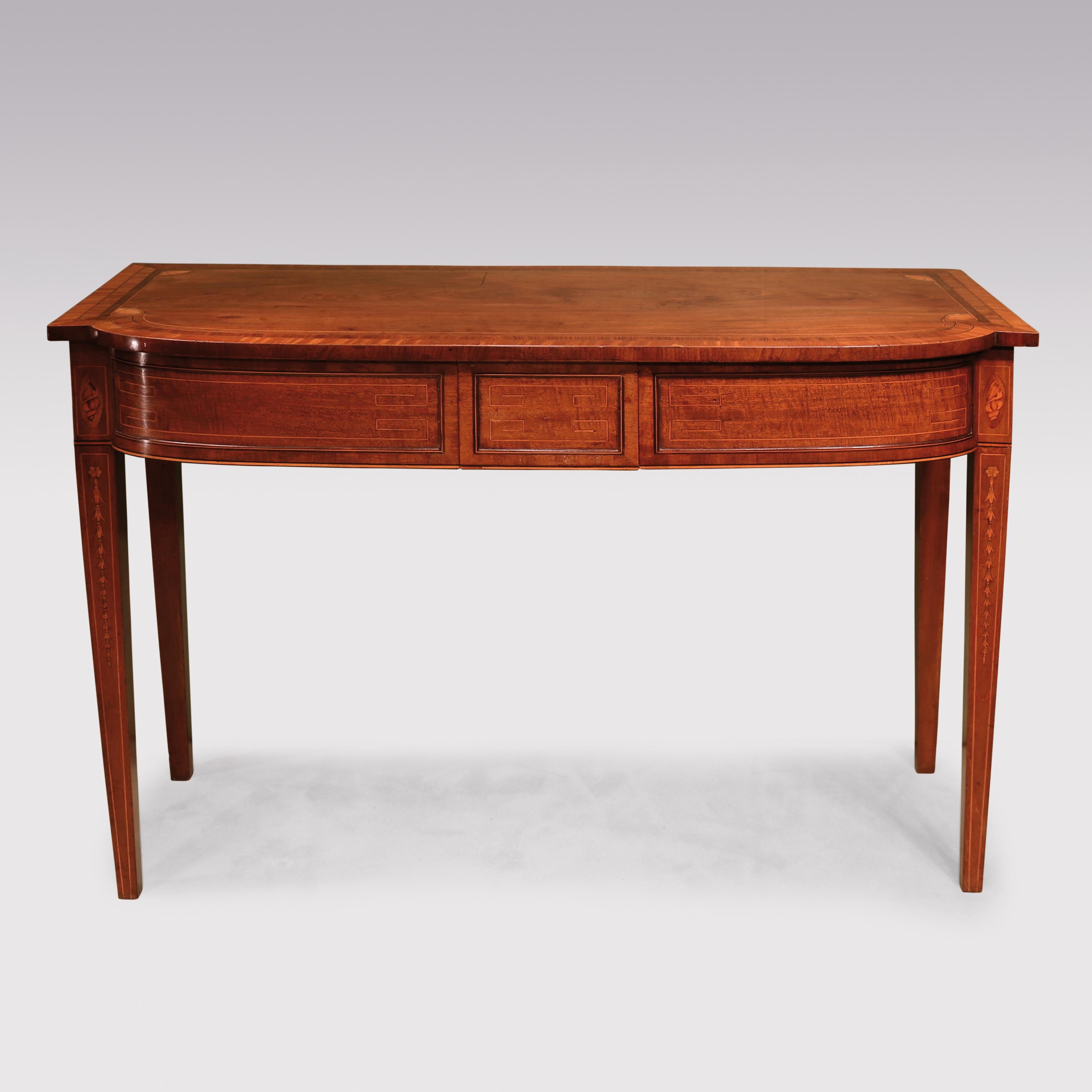 A small George III well-figured mahogany console/side table of breakfront bowfront form, having satinwood and kingwood crossbanded top with boxwood inlaid quadrant corners above 3 boxwood Greek key line inlaid concealed frieze drawers, supported on