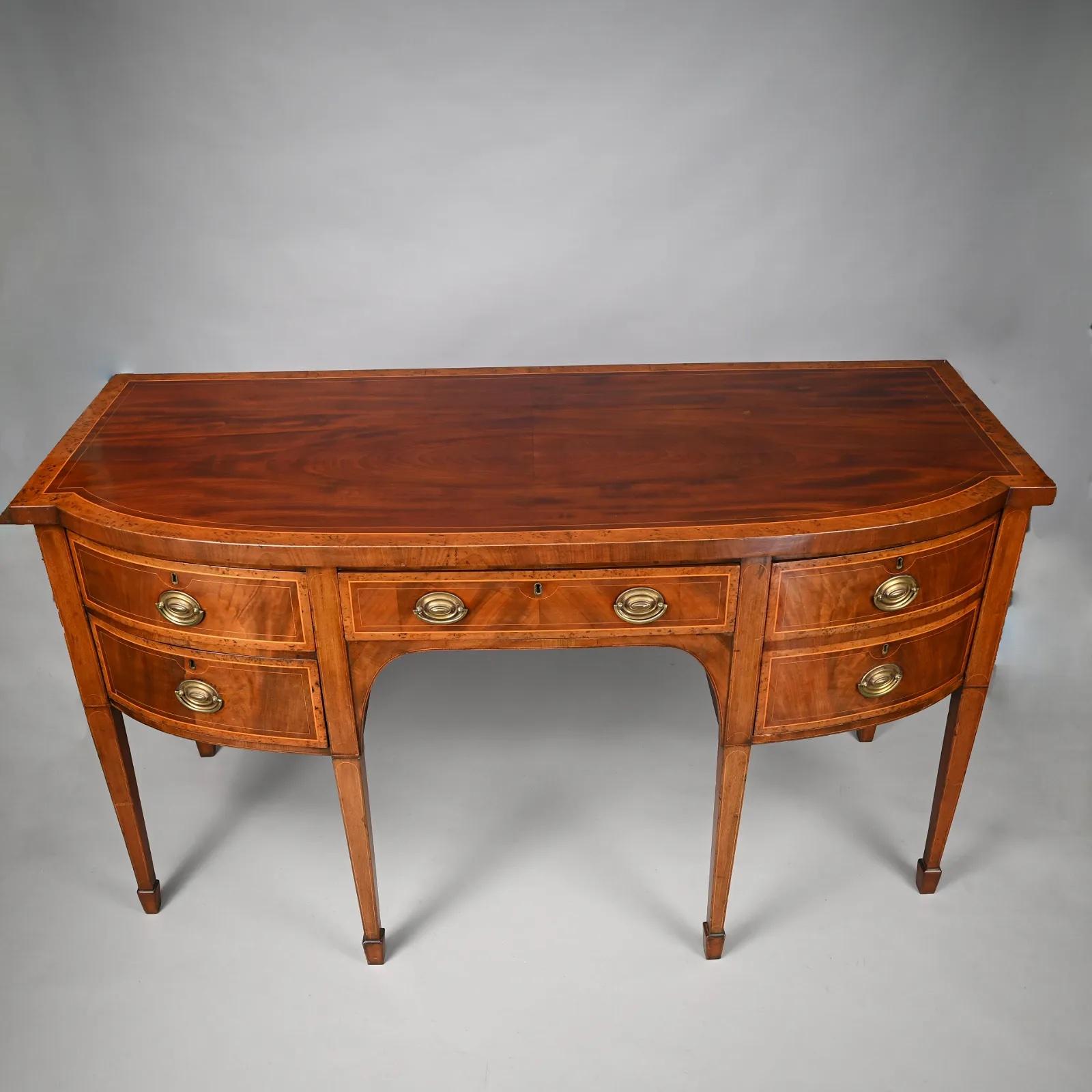 Fine period early 19th century Georgian Mahogany sideboard with original walnut burl inlay and satinwood. 
Beautiful color and natural patina. Early finish. Retains original metal lined wine cooling drawer.