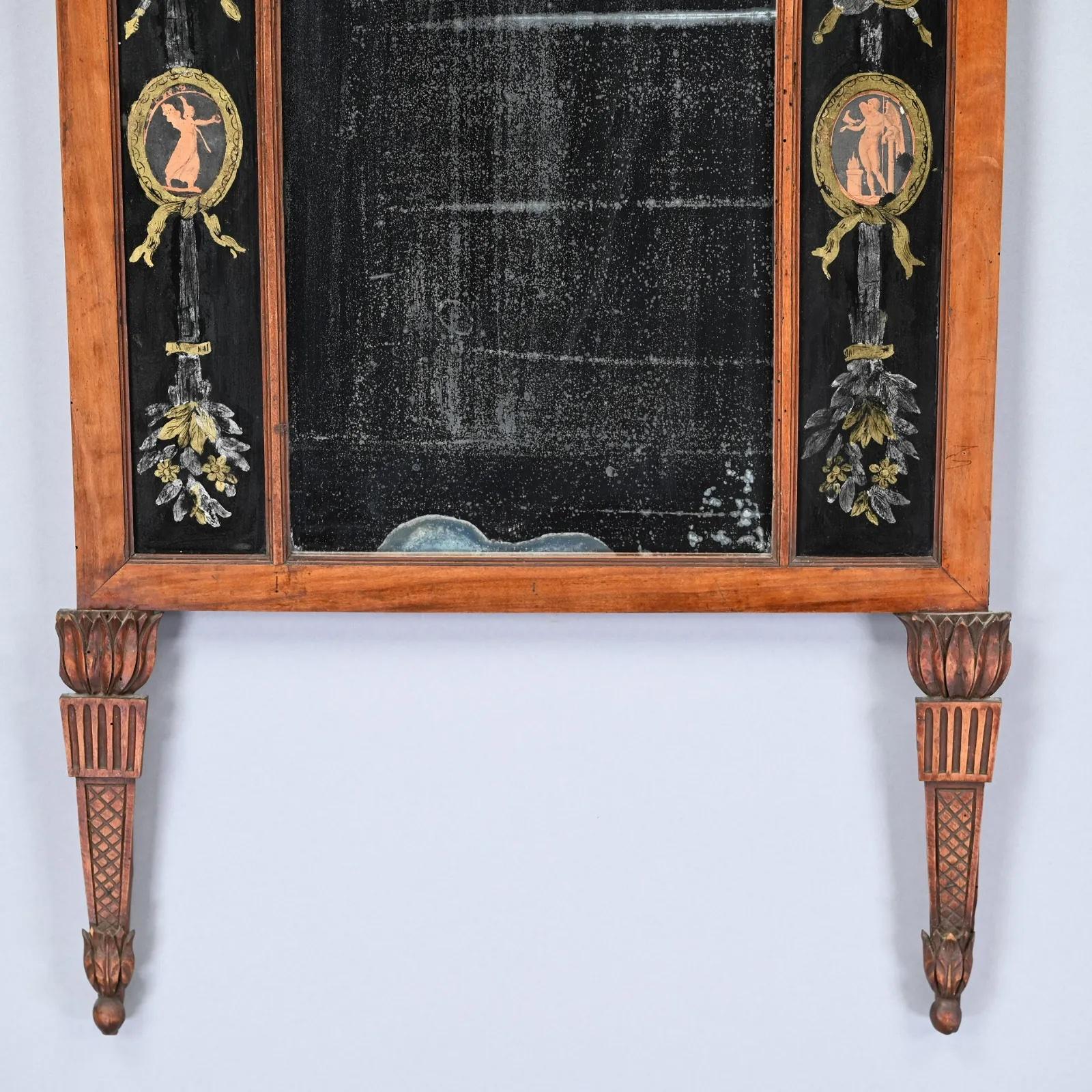 Painted Early 19th Century George III Neoclassical Carved Beechwood and Eglomise Mirror For Sale