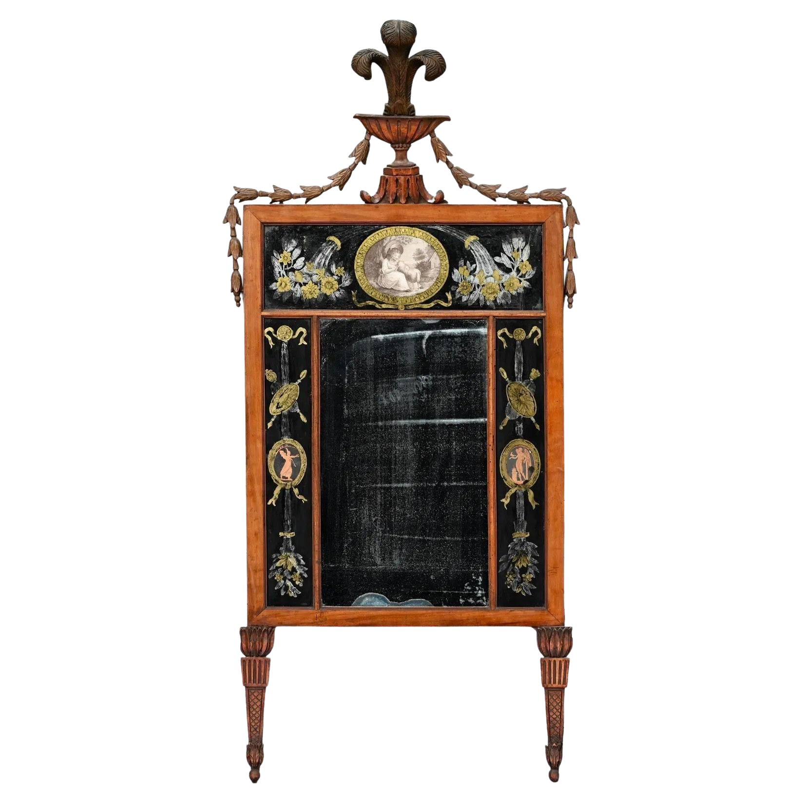Espejo neoclásico de madera de haya tallada y eglomise de principios del siglo XIX Jorge III en venta