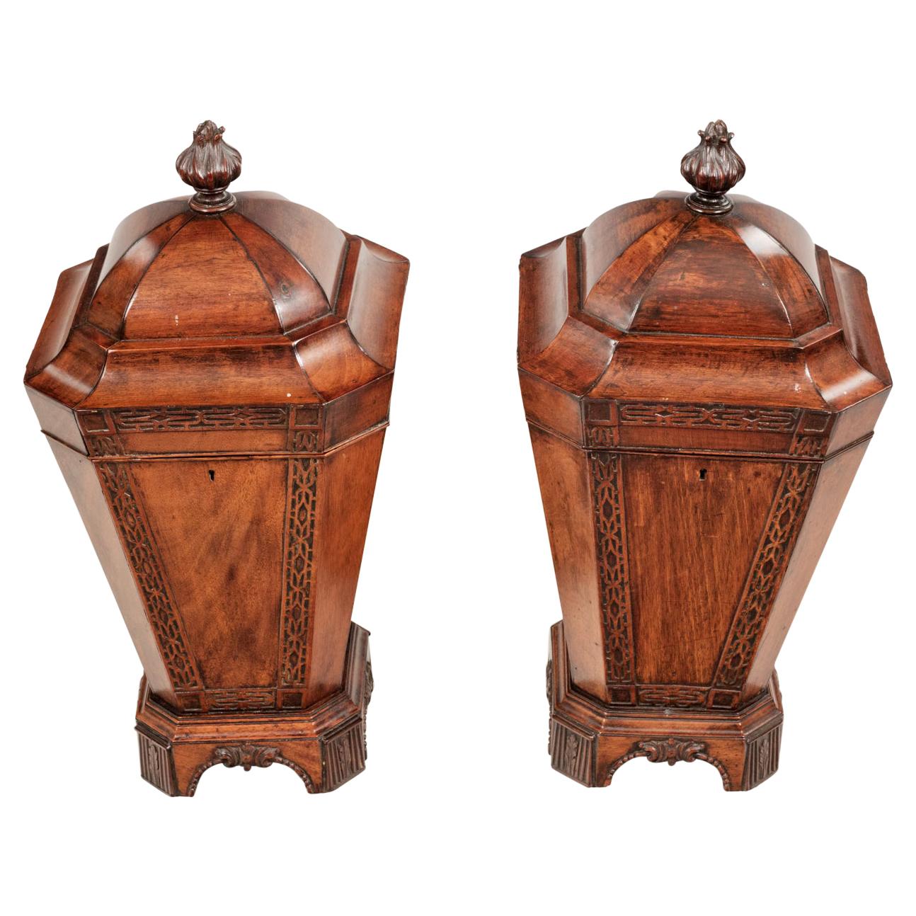 Early 19th Century George III Pair of Mahogany Knife Urns For Sale