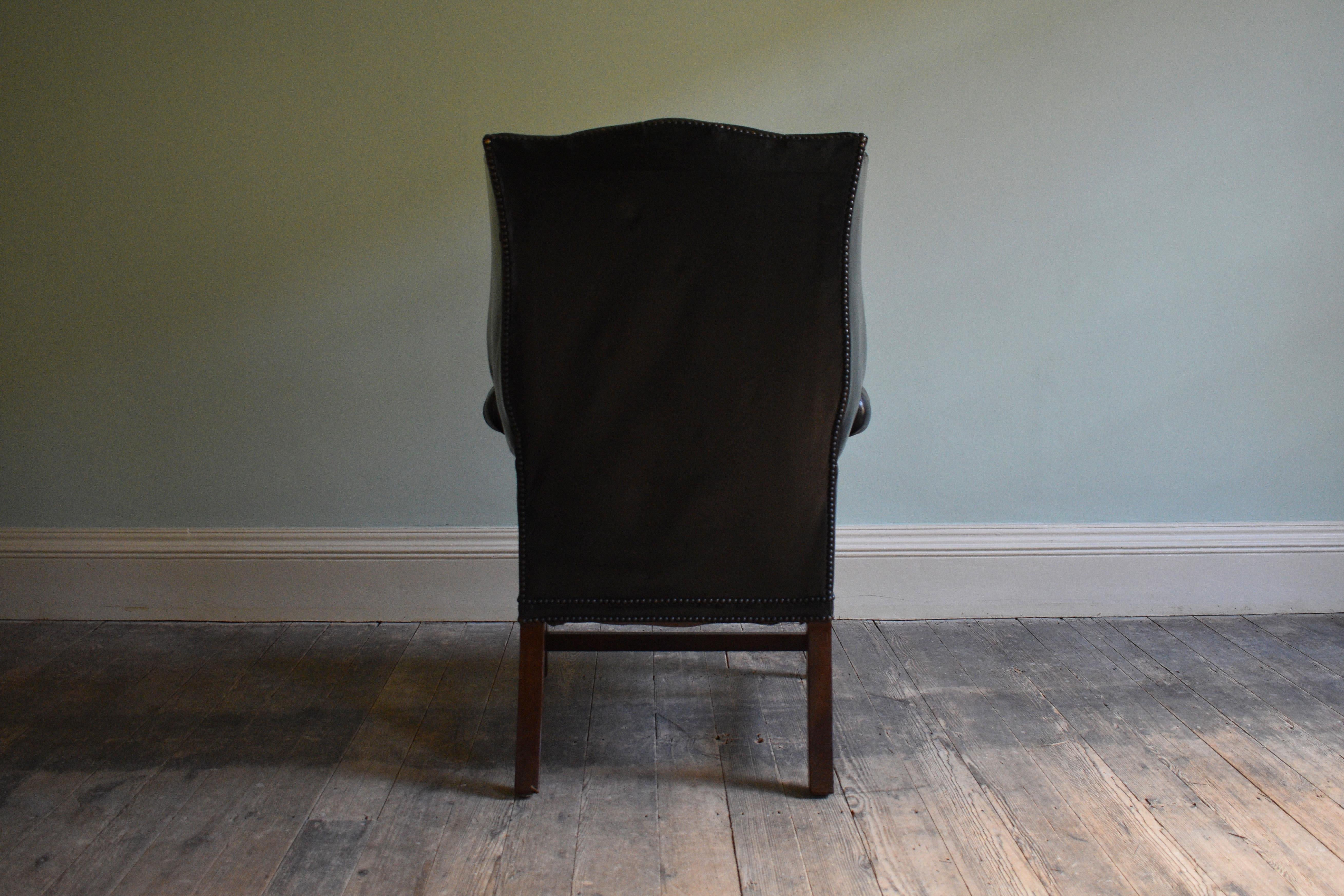Wood Early 19th Century Georgian Black Leather Upholstered Wingback Armchair For Sale
