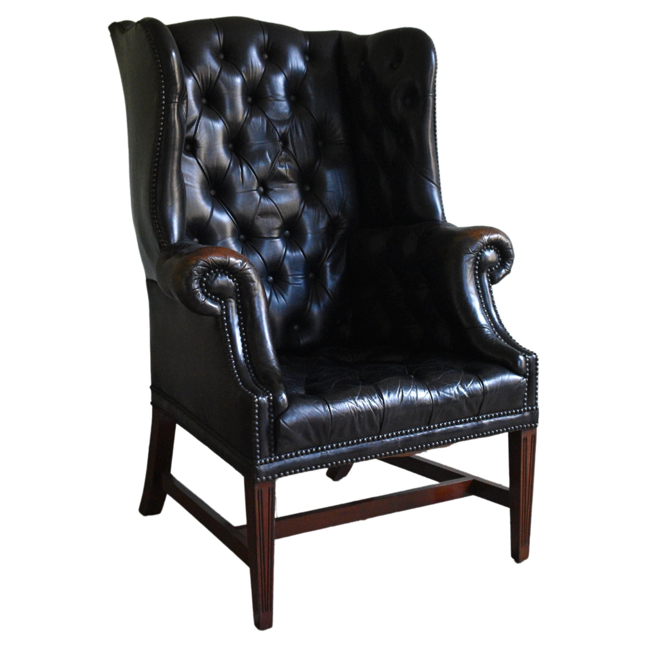 Early 19th Century Georgian Black Leather Upholstered Wingback Armchair