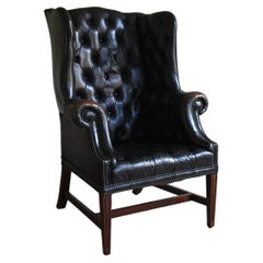 Used Early 19th Century Georgian Black Leather Upholstered Wingback Armchair