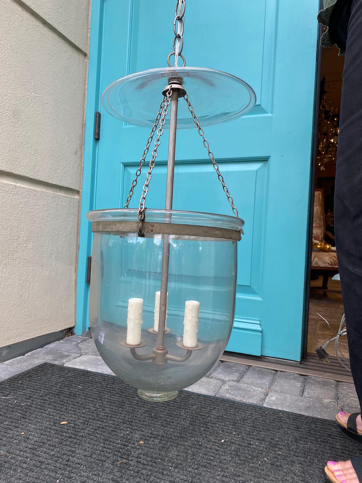 Early 19th Century Georgian Brass & Glass 3 Light Bell Jar with Smoke Bell In Good Condition For Sale In Atlanta, GA
