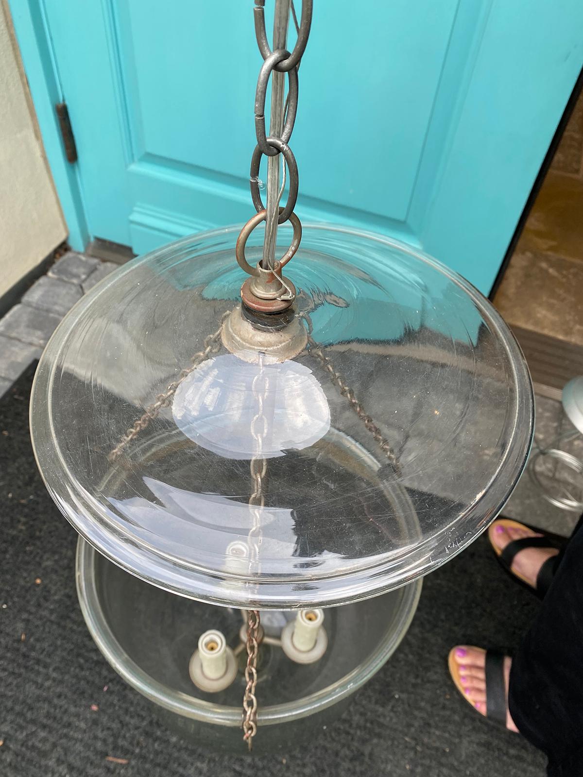 Early 19th Century Georgian Brass & Glass 3 Light Bell Jar with Smoke Bell For Sale 1