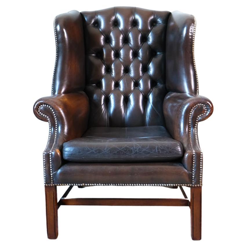 Early 19th Century Georgian Brown Leather-Upholstered Wingback Armchair For Sale