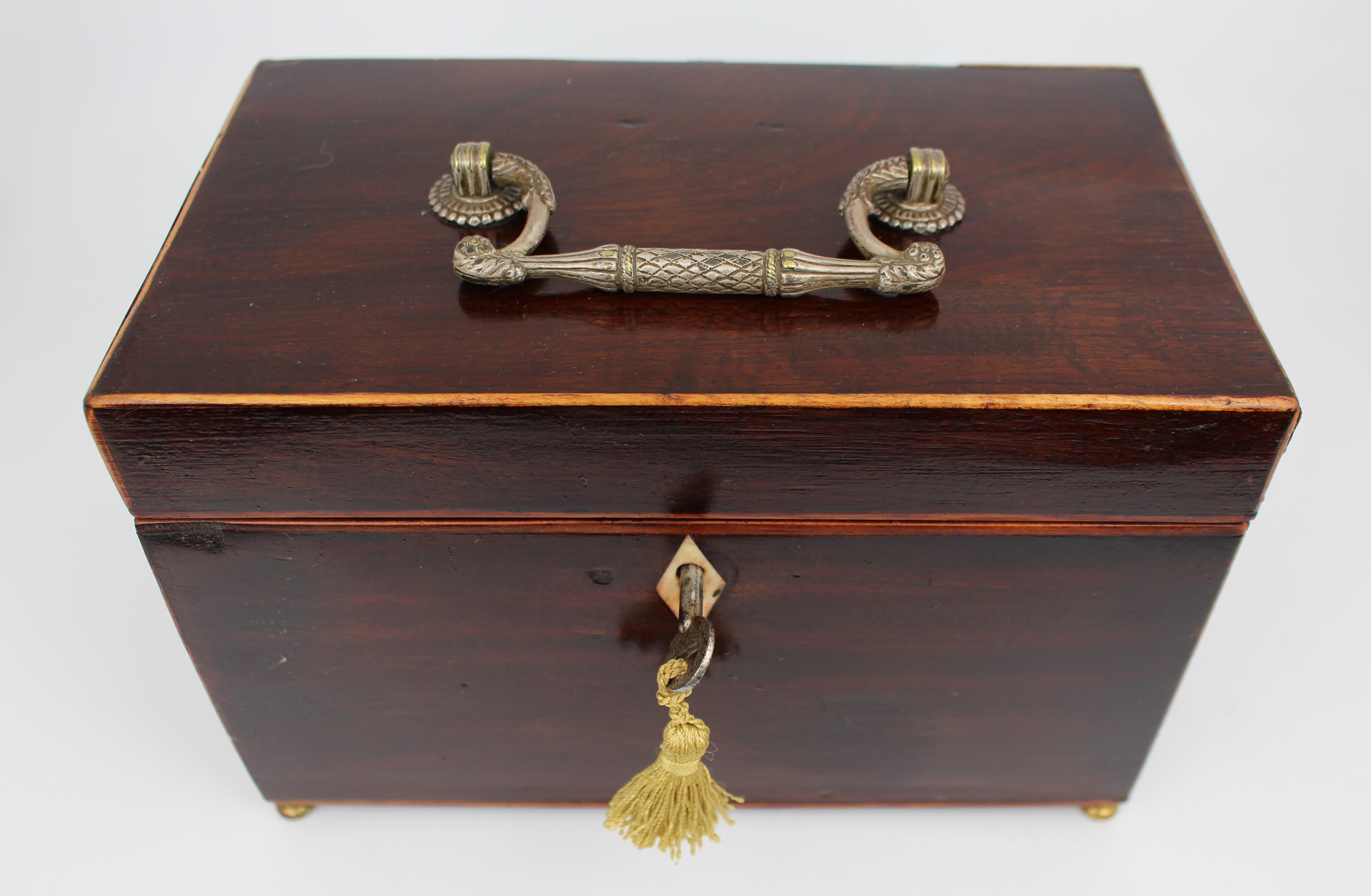 Early 19th Century Georgian Mahogany Twin Tea Caddy with Brass Handle

A finely crafted Georgian tea caddy, English, circa 1810.

The rectangular form is veneered in richly figured mahogany with boxwood stringing and set on small brass bun feet. The