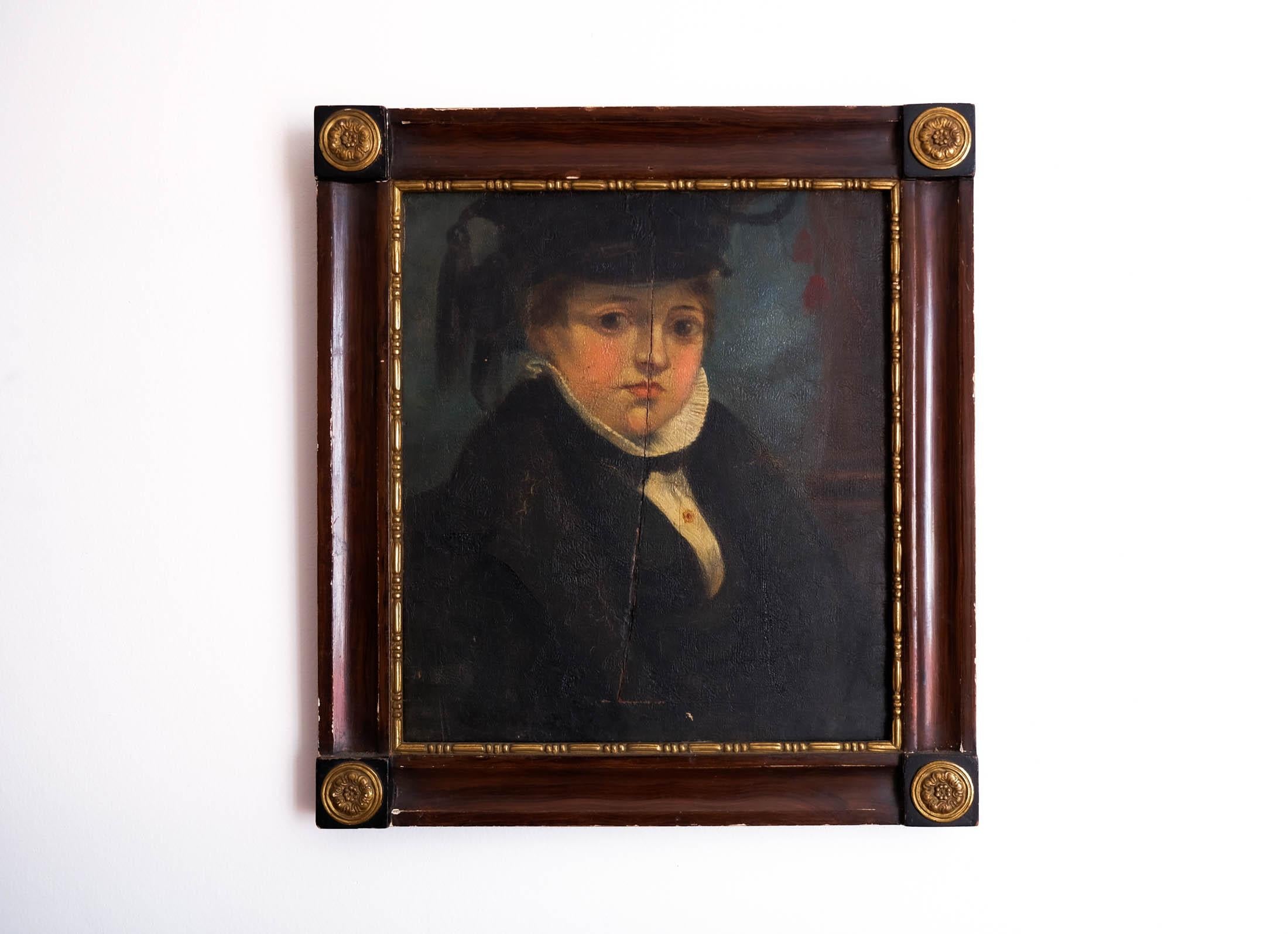 Zum Verkauf steht ein charmantes europäisches Porträtgemälde in Öl auf Karton aus dem späten 18. und frühen 19. Jahrhundert, das eine jugendliche Person, möglicherweise einen Gelehrten, darstellt und vermutlich in den 1820er Jahren gemalt