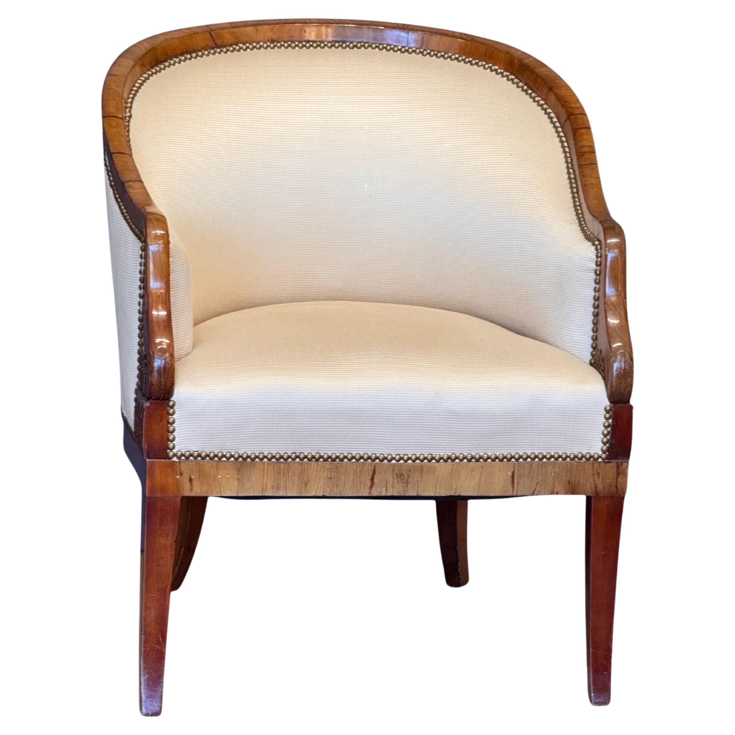 Early 19th Century German Biedermeier Fruitwood Upholstered Tub Chair