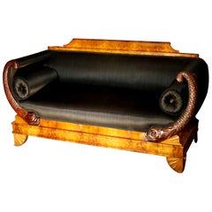 Antique Early 19th Century German Burl Walnut Biedermeier Sofa in Black Horsehair Fabric