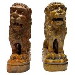 Antique Early 19th Century German pair of  Lion Sculptures of Glazed Pottery