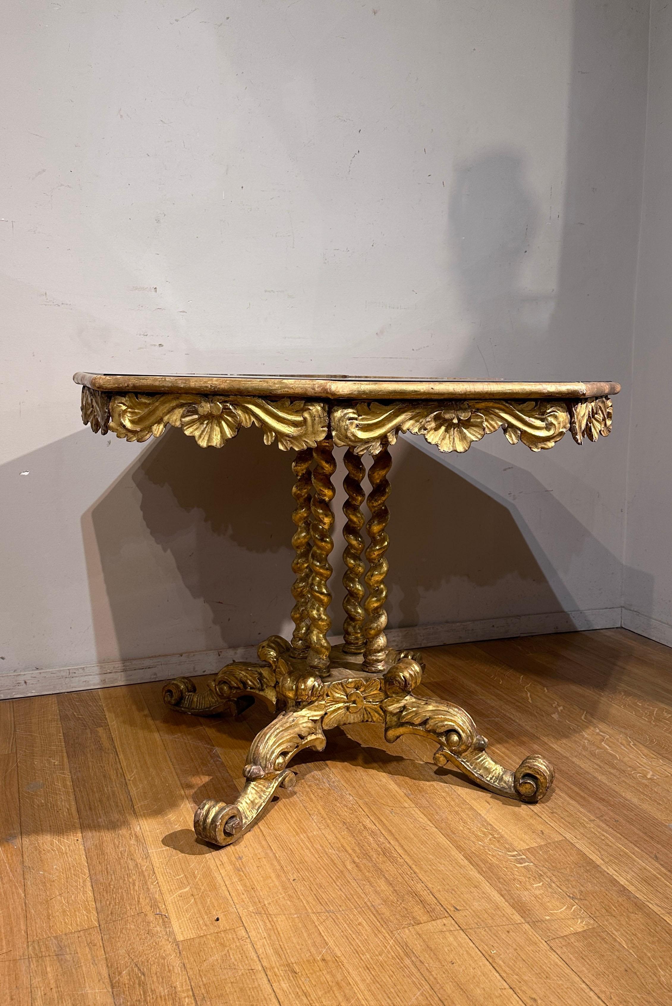 Italian EARLY 19th CENTURY GILDED WOOD TABLE WITH SIMILAR MALACHITE FABRIC For Sale