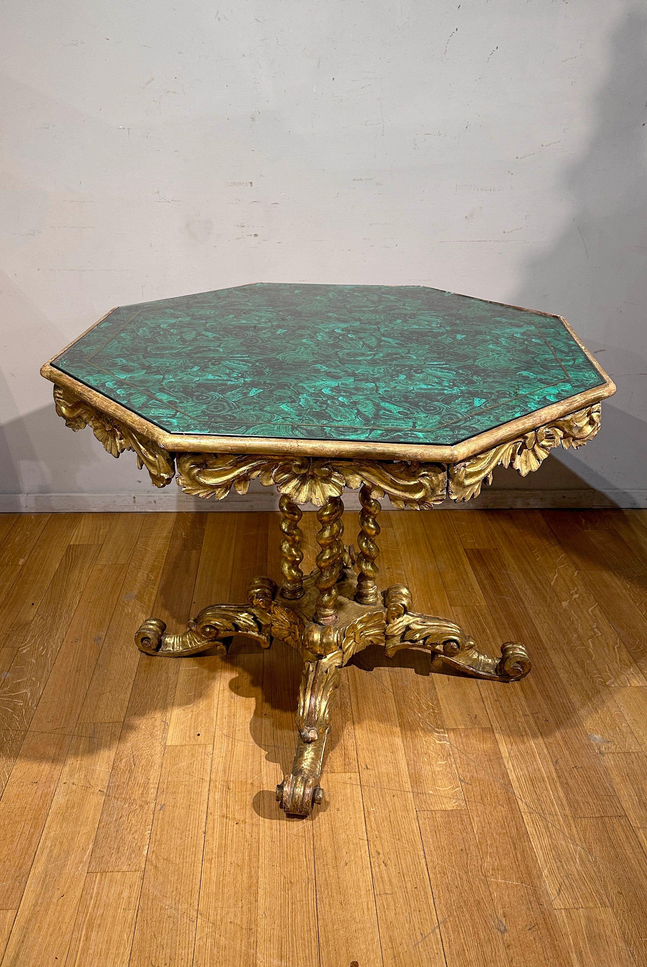 Carved EARLY 19th CENTURY GILDED WOOD TABLE WITH SIMILAR MALACHITE FABRIC For Sale