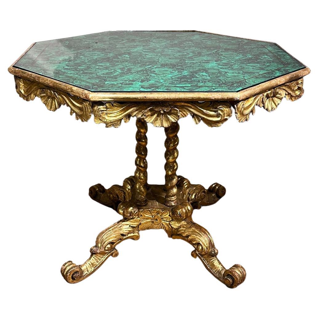EARLY 19th CENTURY GILDED WOOD TABLE WITH SIMILAR MALACHITE FABRIC For Sale
